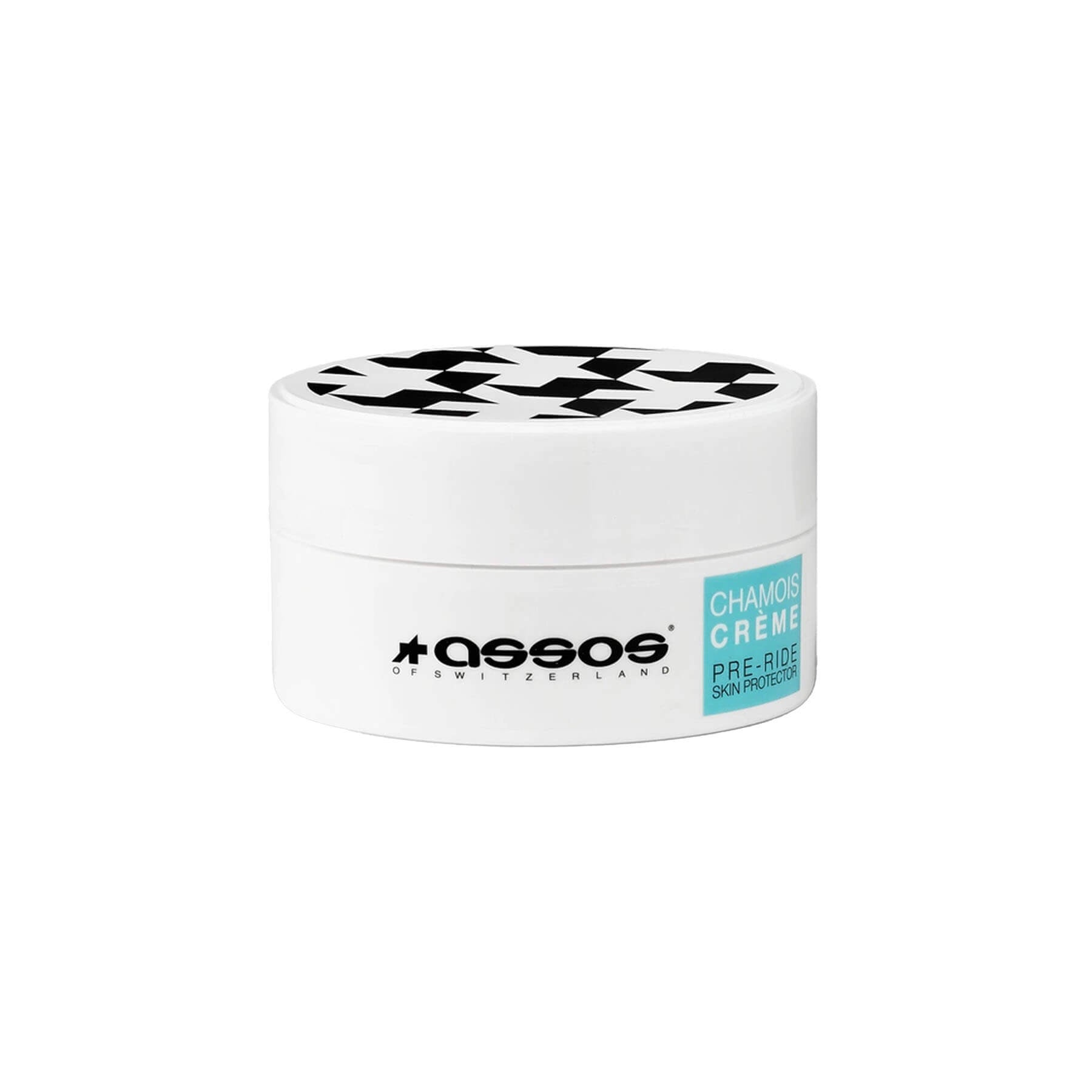 Assos Chamois Creme - Men's in white jar with black logo and blue label for pre-ride skin protection cream