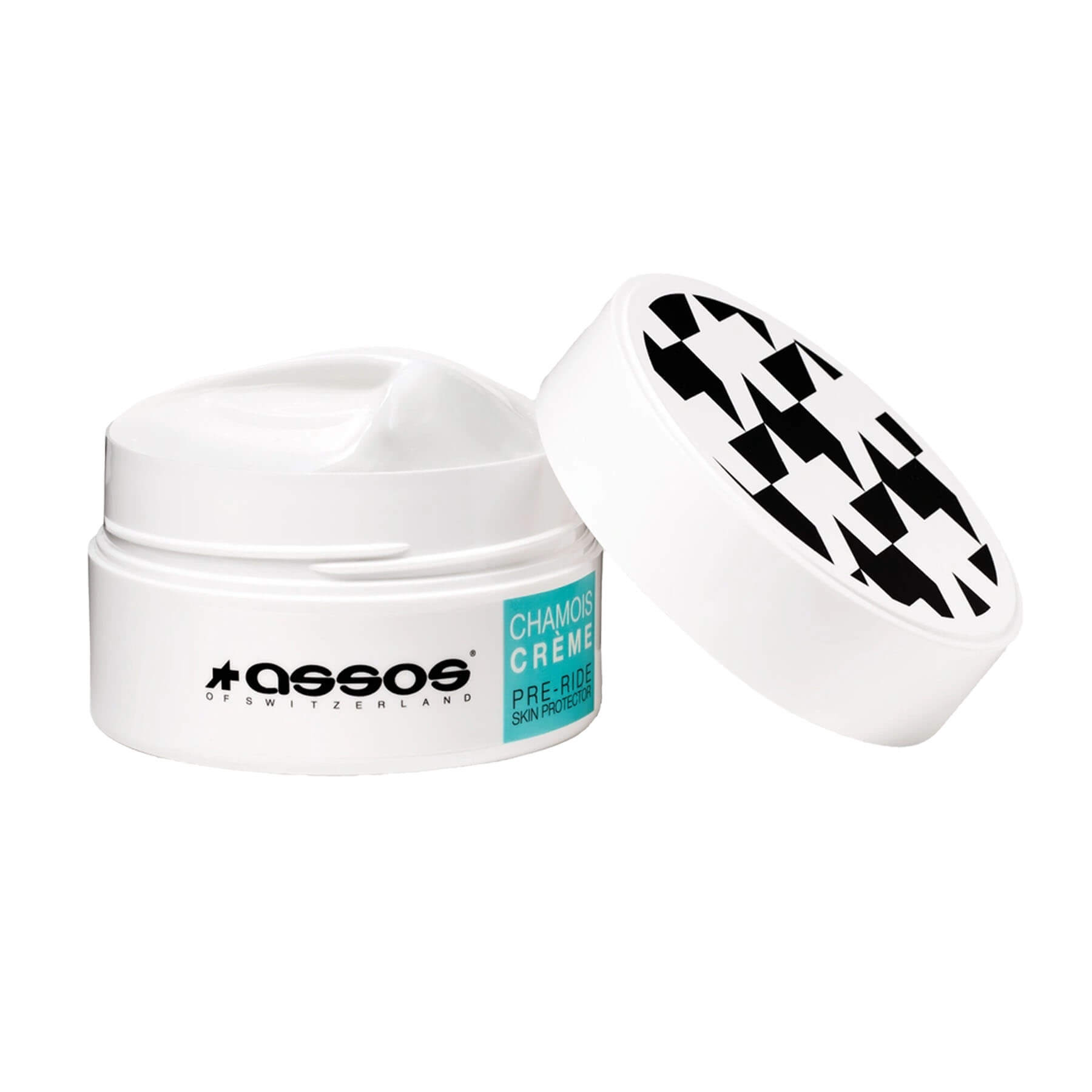 Assos Chamois Creme - Men's in white jar with lid off showing cream and black logo on lid against white background