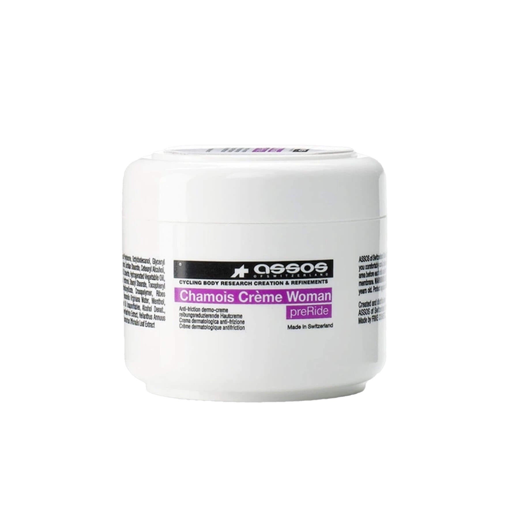 Container of Assos Chamois Creme - Women's shown against white background with clear product labeling and compact design