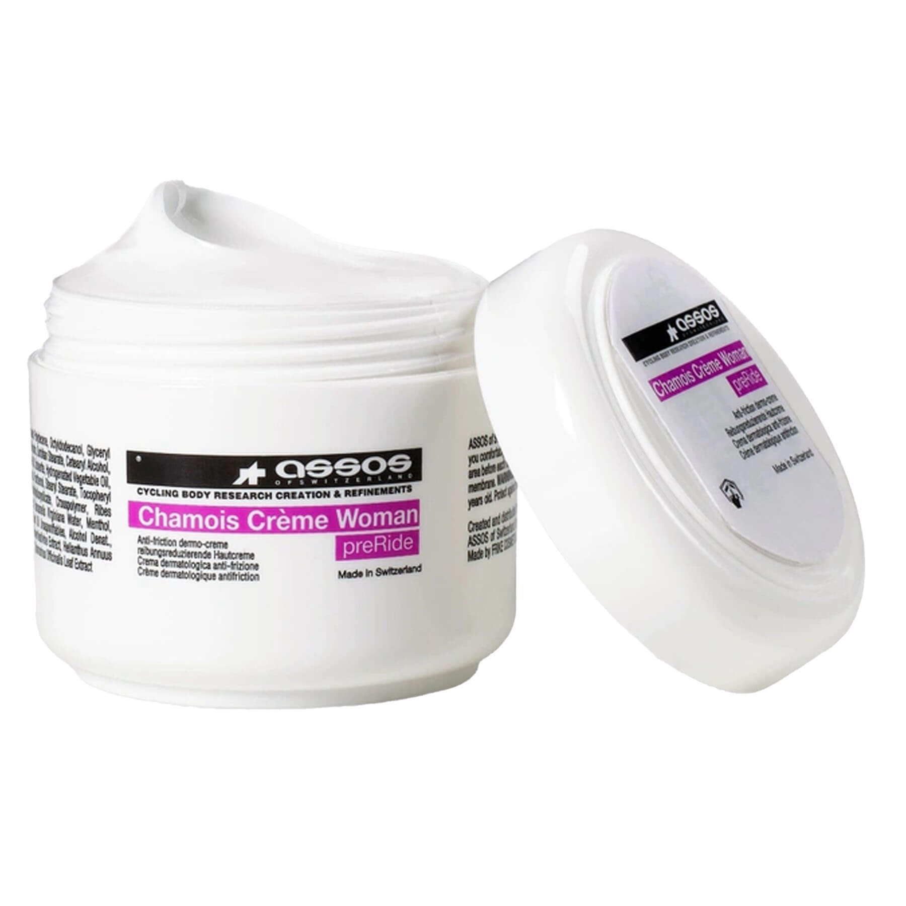 Open jar of Assos Chamois Creme - Women's showing white cream and product label on white background