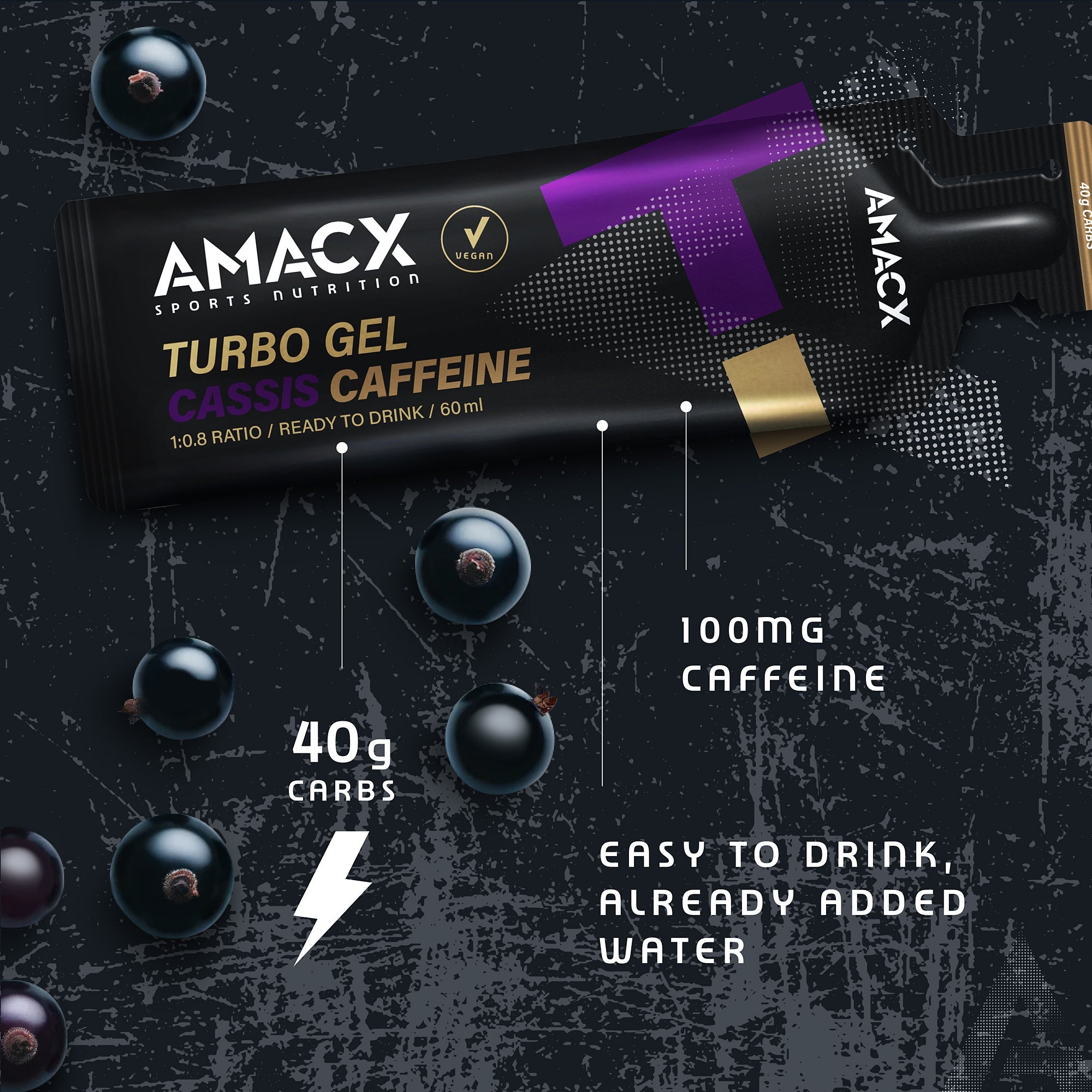Amacx Turbo Gel Cassis Caffeine energy gel sachet with blackcurrants and caffeine content details on dark background