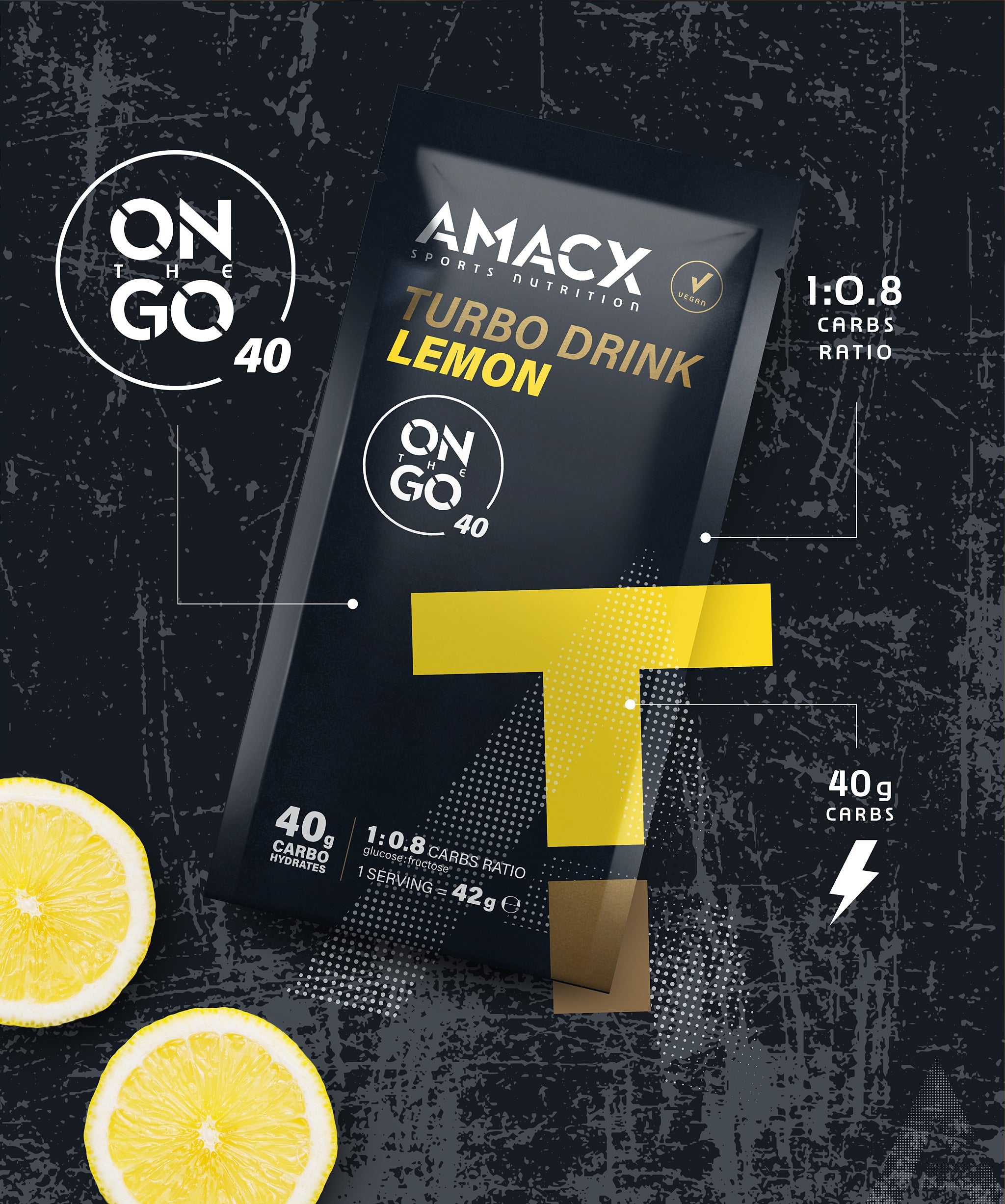 Amacx Turbo Drink On The Go Lemon pouch with lemon slices and nutritional highlights on a dark background