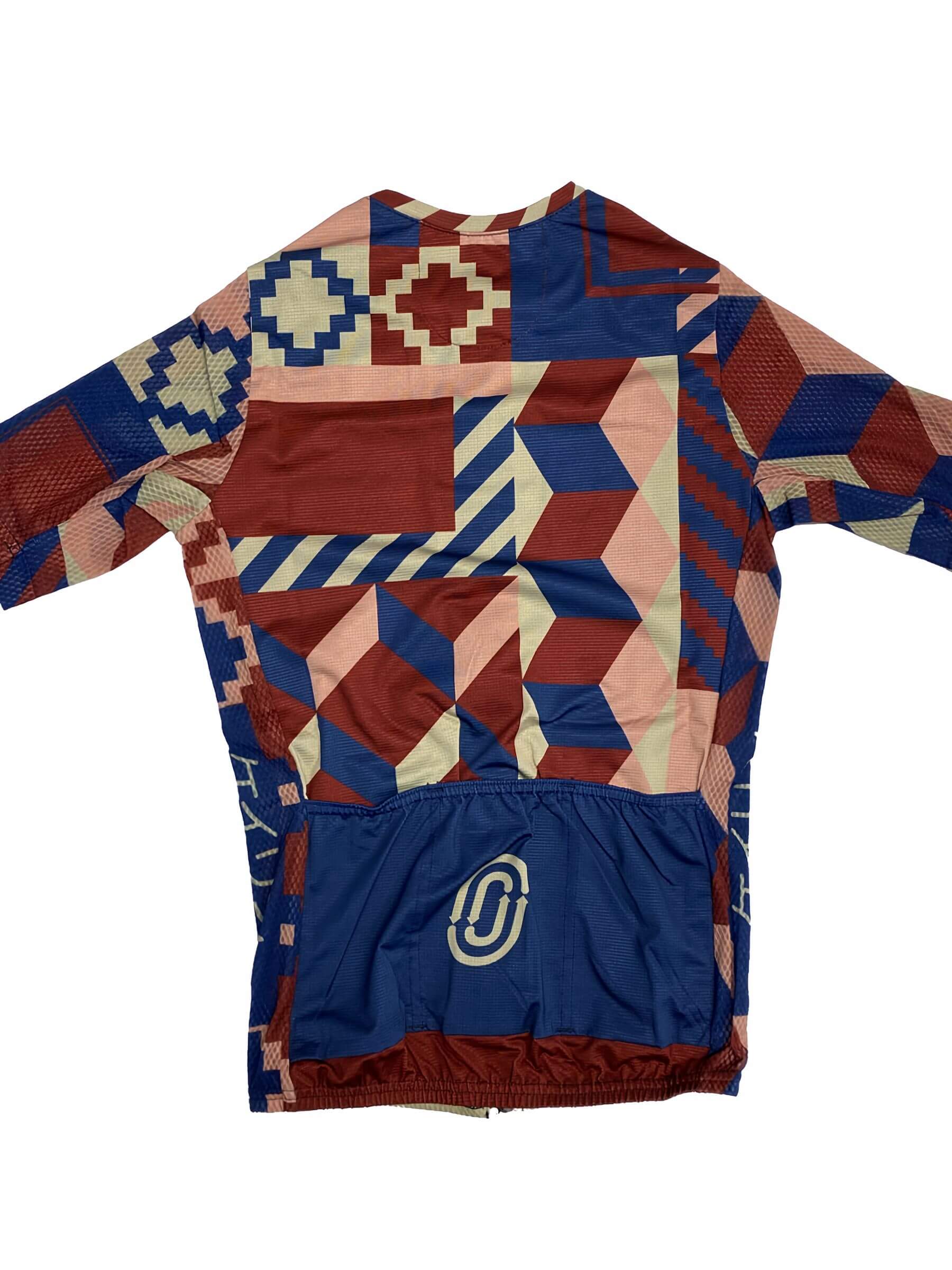 Ostroy Keirin Mesh Jersey - Women's back view with multicolor geometric patterns and rear pocket details on breathable fabric