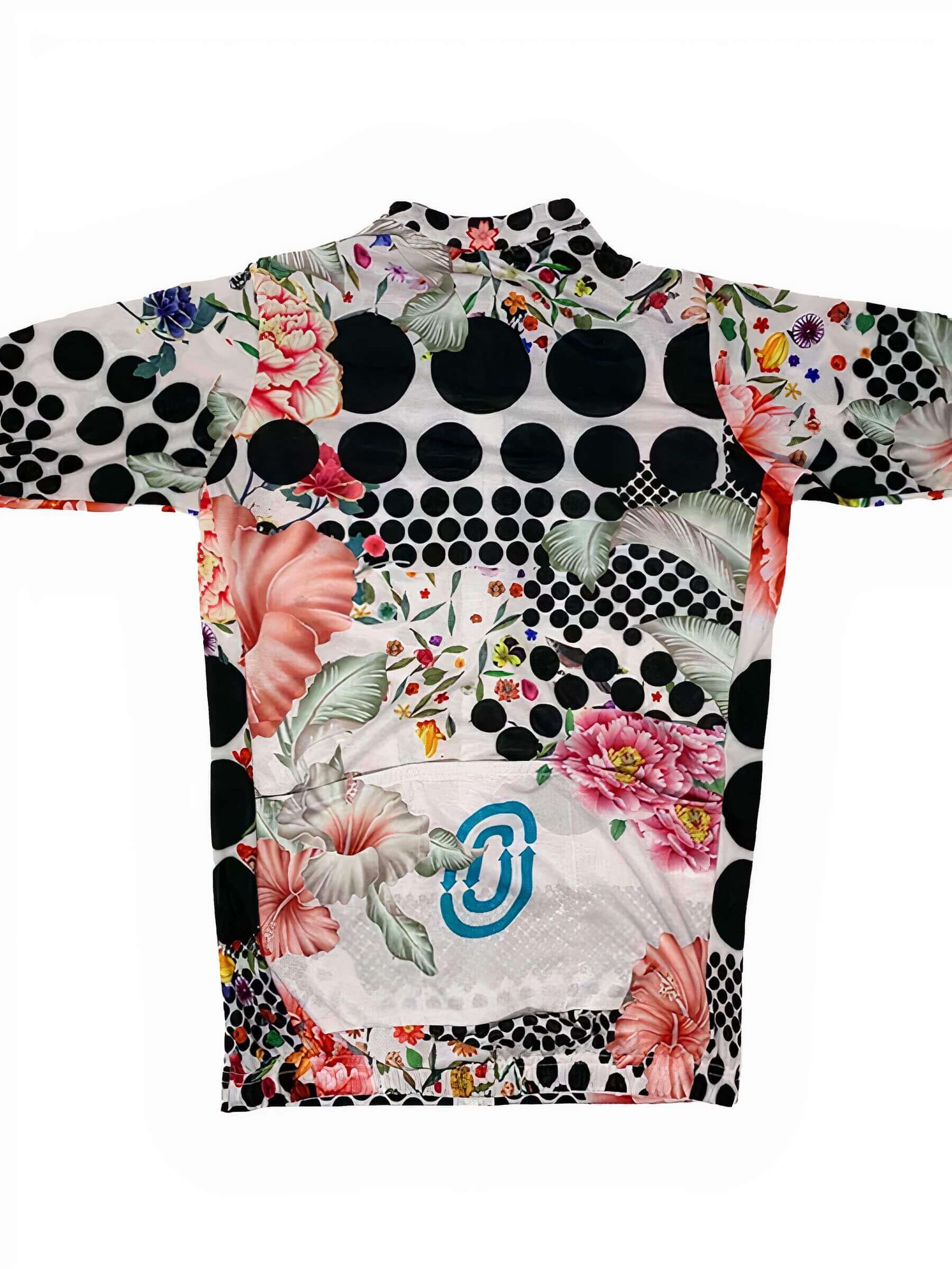 Back view of Ostroy Omloop White Jersey - Women's featuring floral and polka dot design with rear pockets for cycling essentials