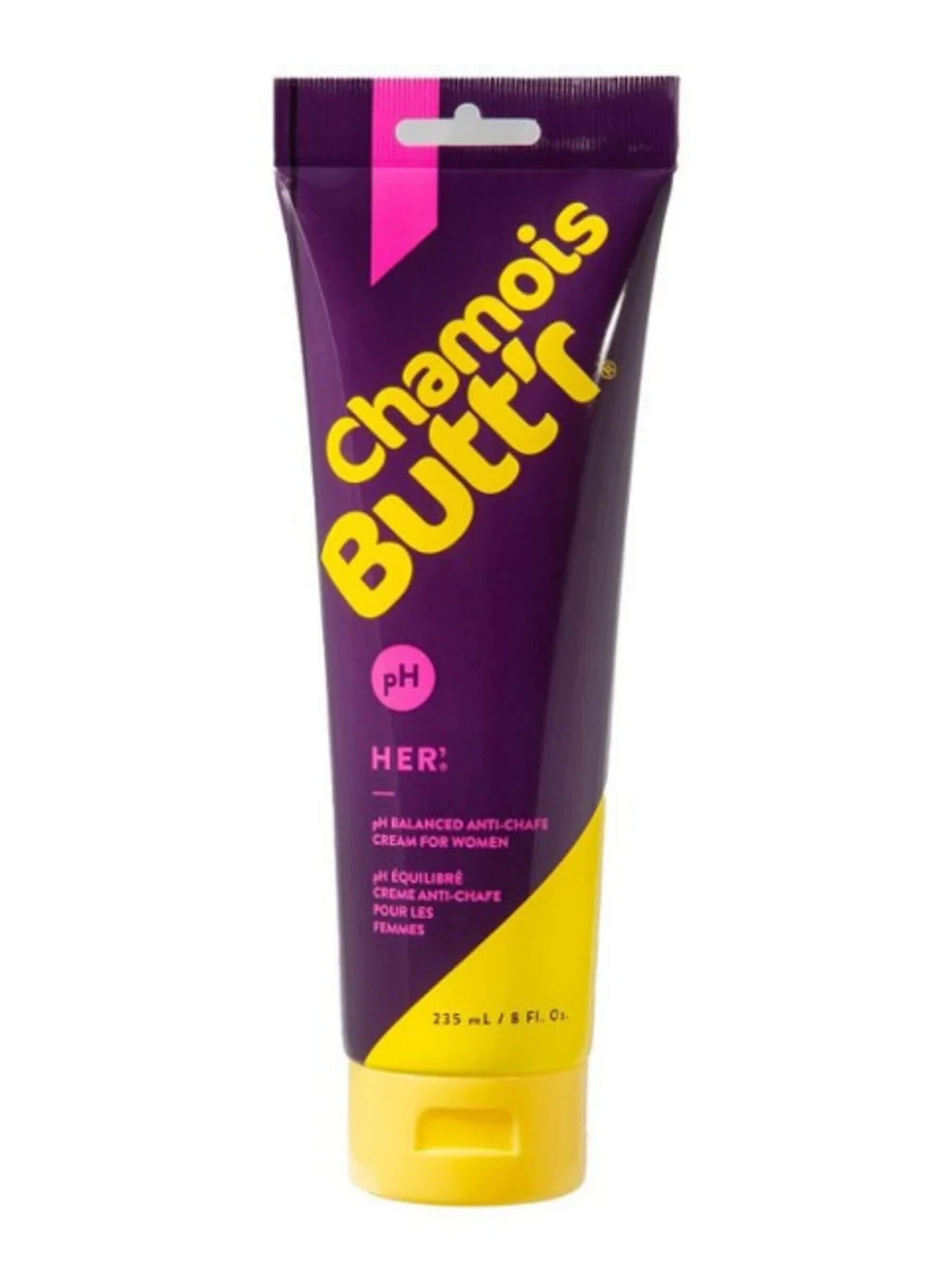 Tube of Chamois Butt'r Chamois Cream - Women's with purple and yellow packaging against white background