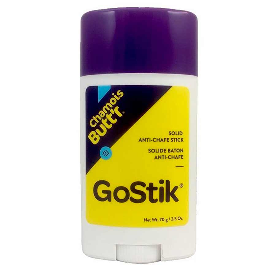 Chamois Butt'r GoStik solid anti-chafe stick with purple cap and yellow label for skin comfort and irritation relief