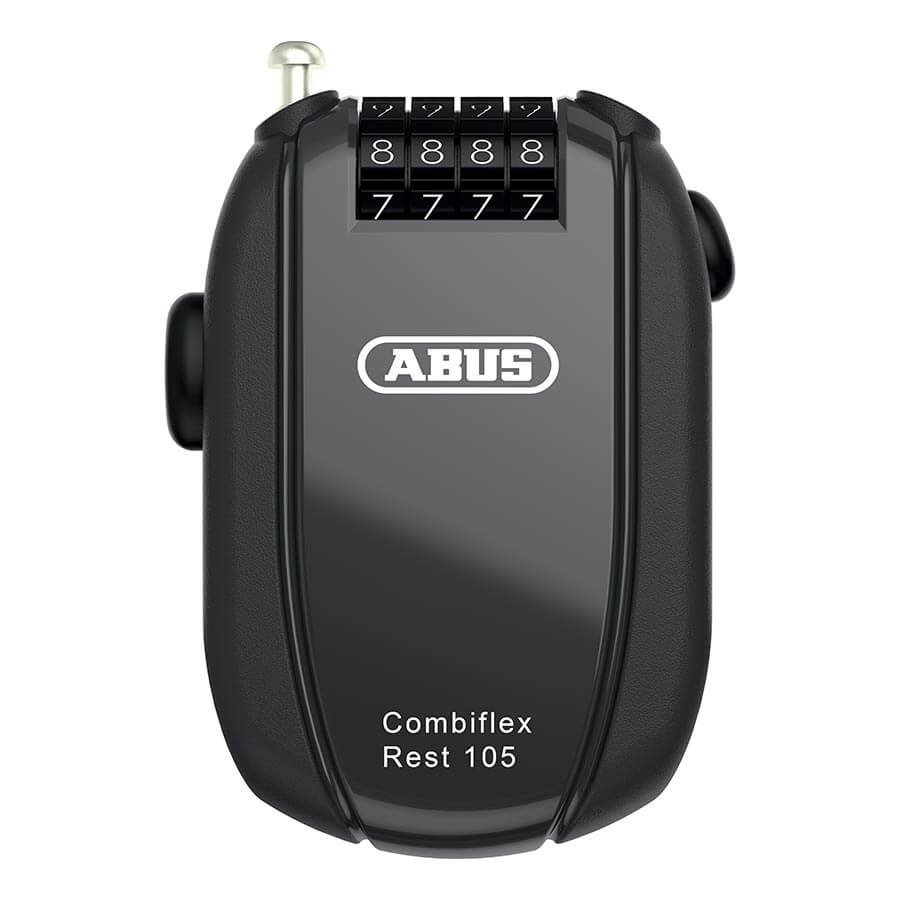 Close-up of ABUS Combiflex Rest 105 Cable Lock showing combination dials and compact black design for secure cycling storage
