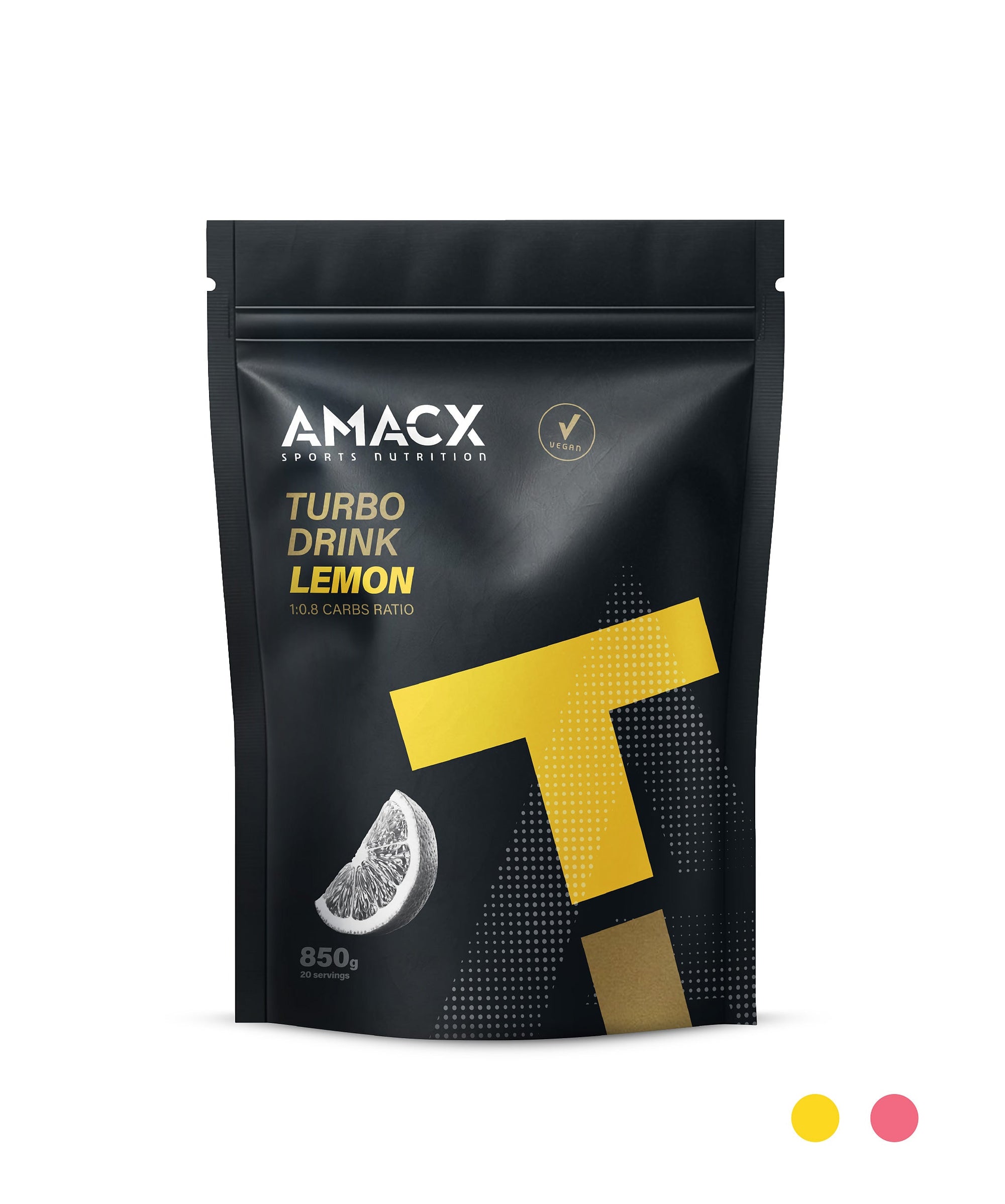 Turbo Drink Lemon pouch front view in portrait orientation with lemon graphic and 850g weight label