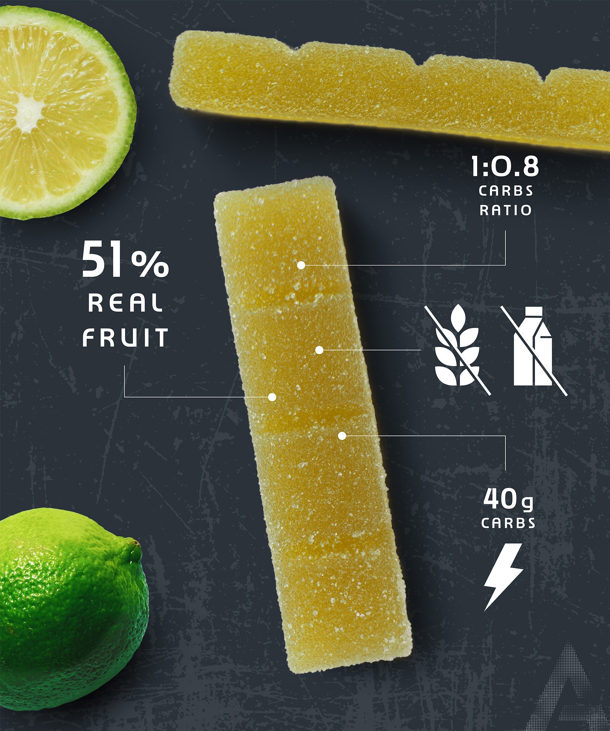 Amacx Turbo Fruit Chew Citrus bar with 51% real fruit, 1:0.8 carbs ratio, and 40g carbs next to lime and lime slice