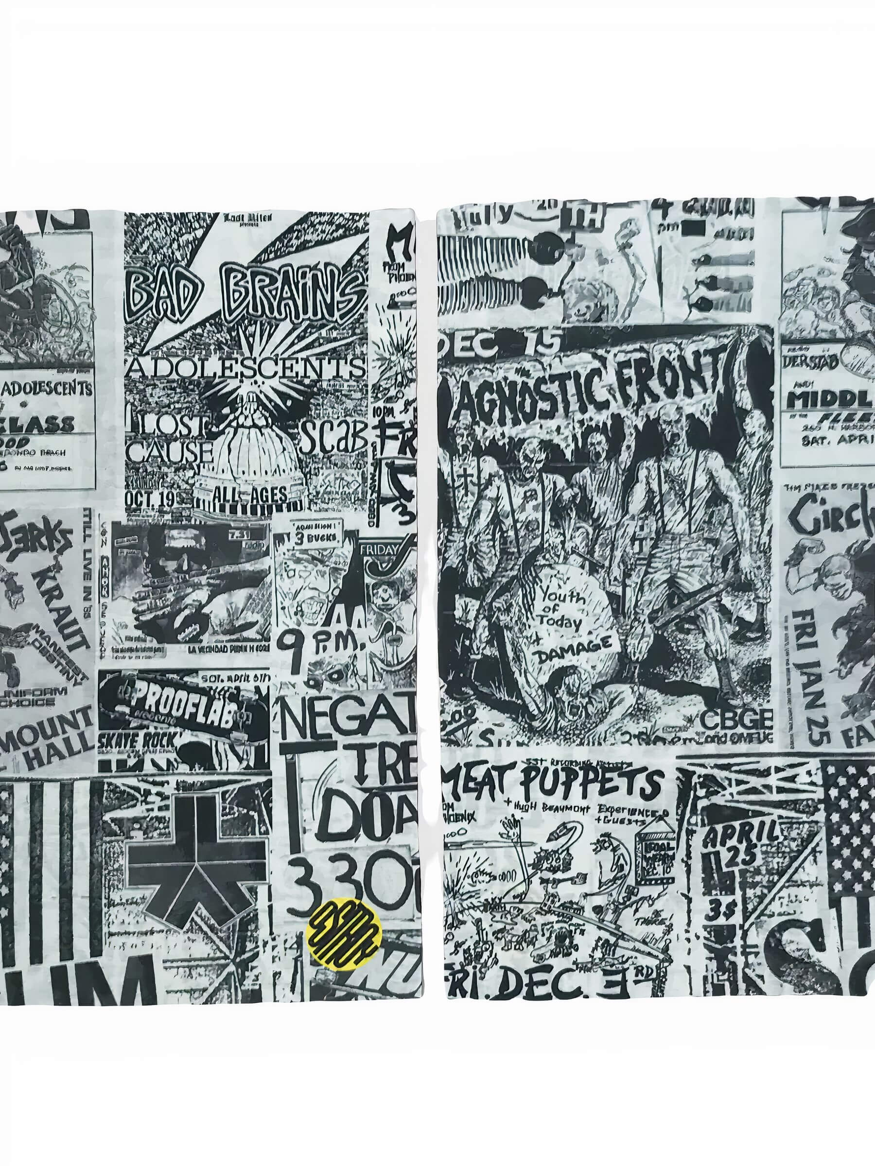 Close-up of Ostroy Punk Flyers Neck Warmer showing black and white vintage punk flyer collage design on soft fabric