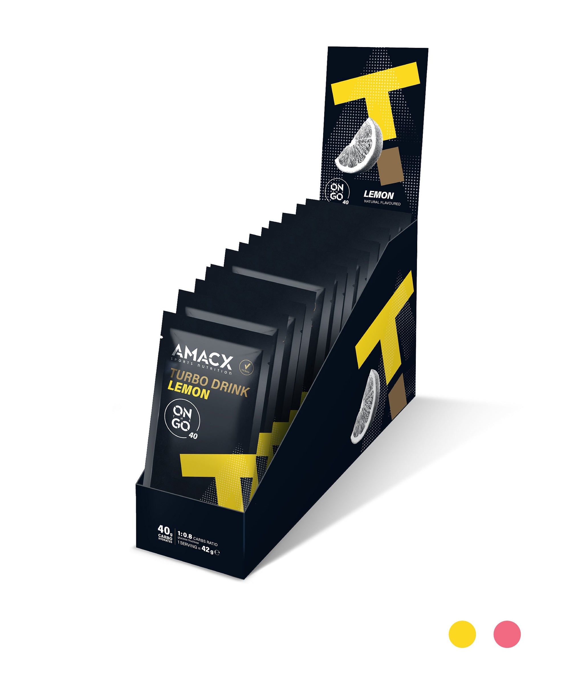 Box display of Amacx Turbo Drink On The Go Lemon packets with lemon graphics and bold yellow accents