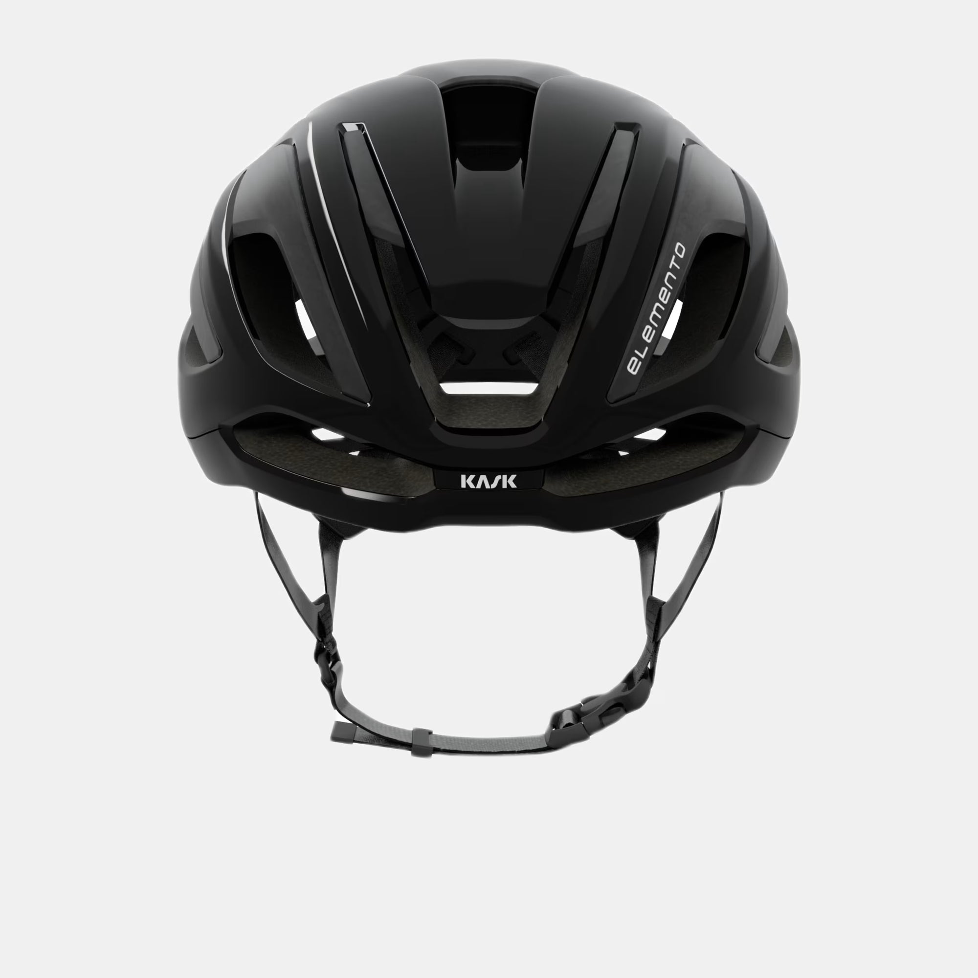 Front view of Kask Elemento Helmet - Black showing aerodynamic design and adjustable chin strap for secure fit