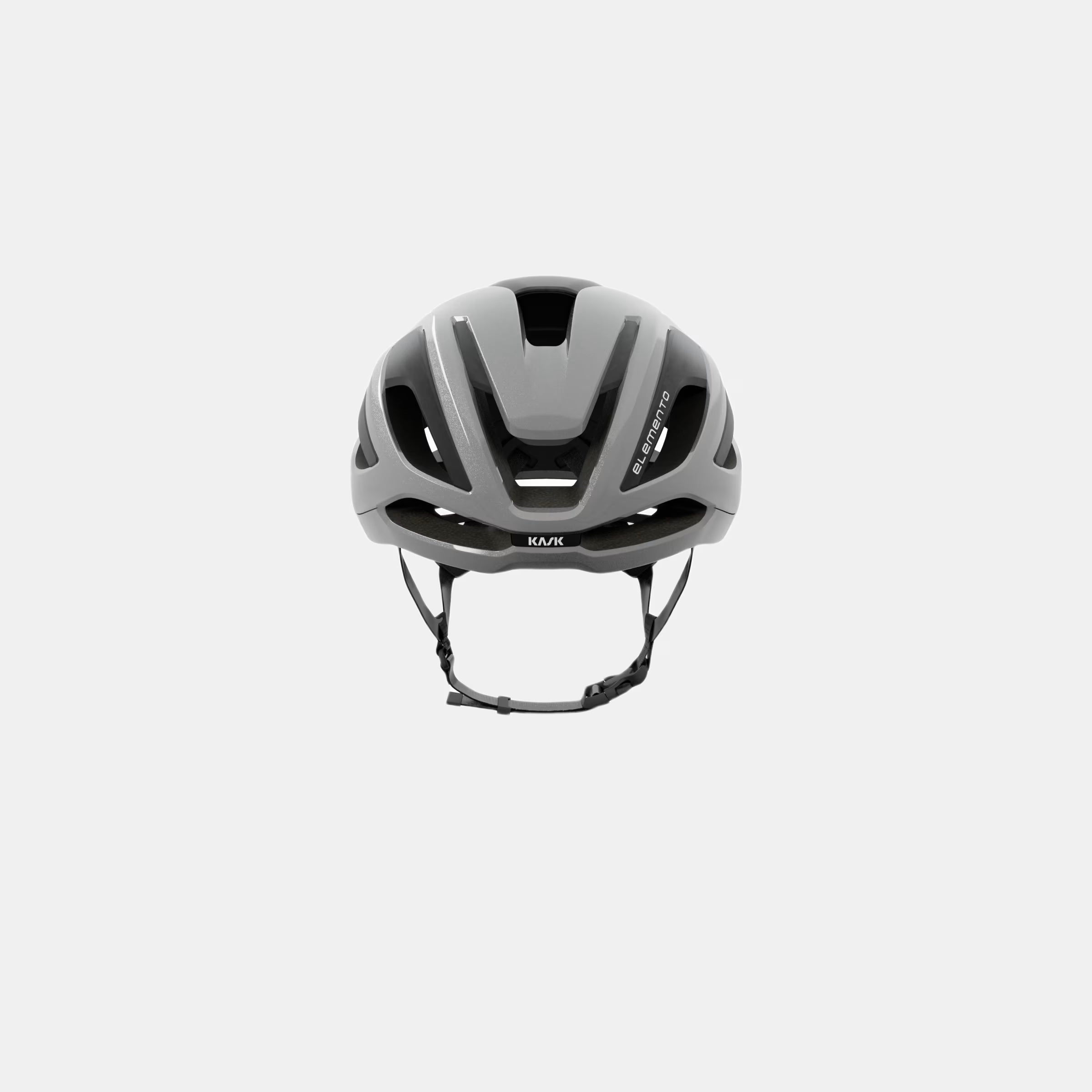 Front view of Kask Elemento Helmet - Silver showing aerodynamic design and ventilation vents with adjustable straps
