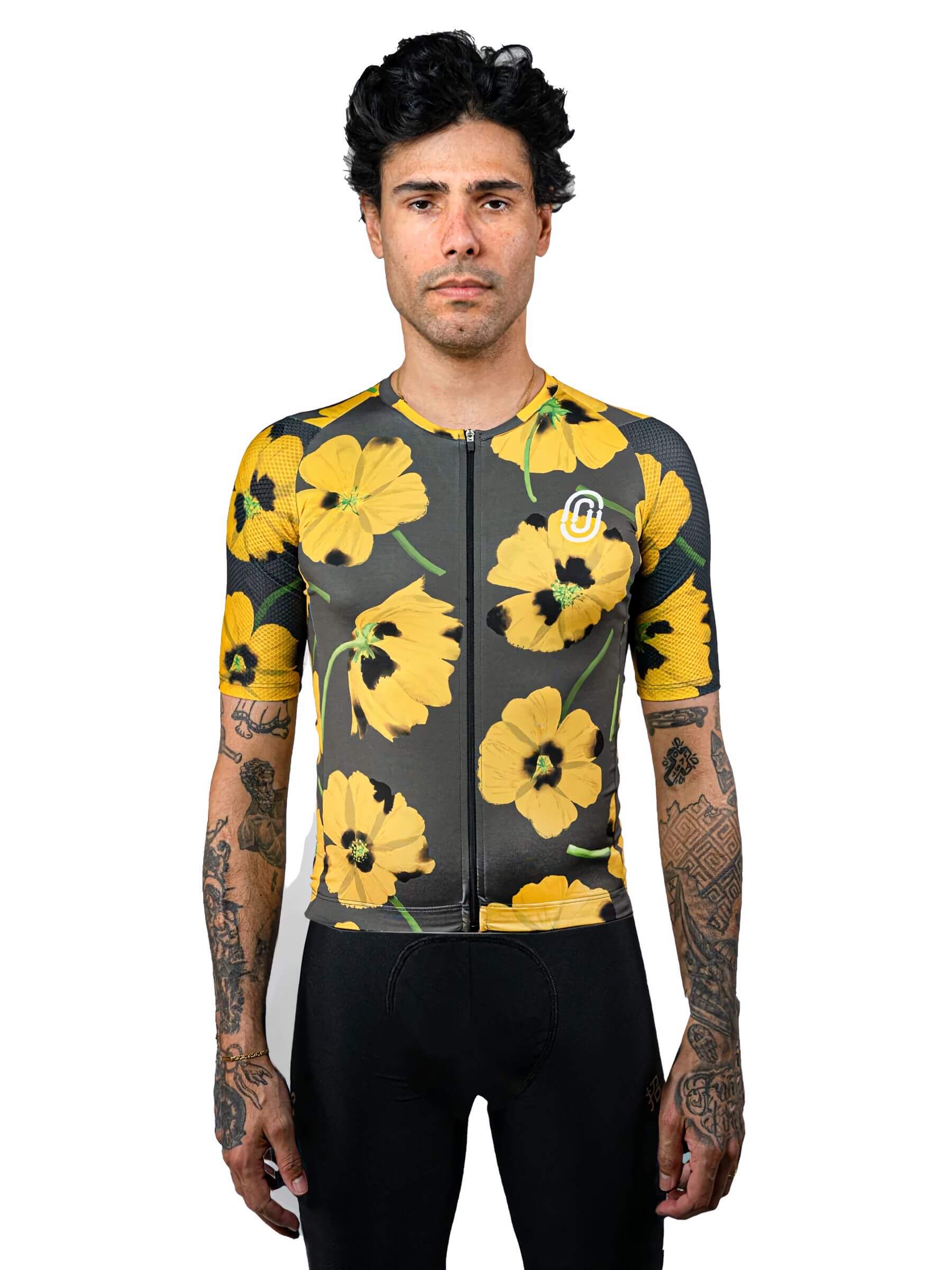 Man wearing Ostroy Yellow Poppies Jersey - Men's with bold yellow floral pattern on grey background and zip front closure