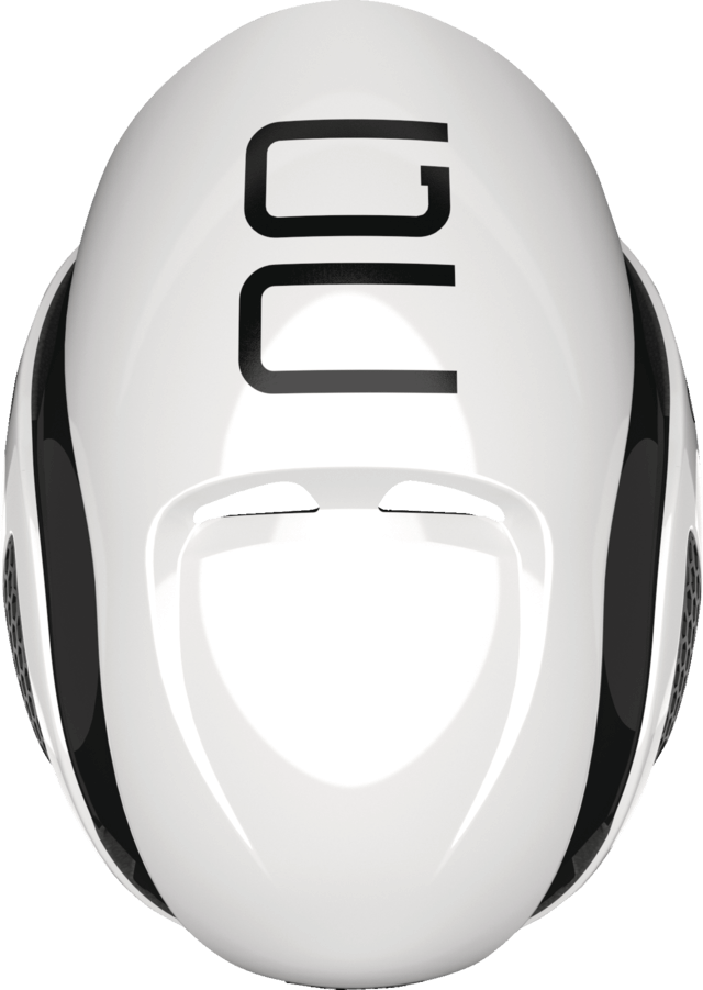 Top view of white ABUS GameChanger Helmet featuring aerodynamic shape and bold black logo lettering on smooth surface