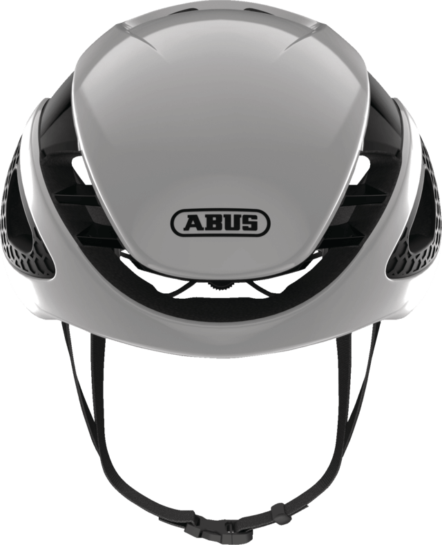 Front view of ABUS GameChanger Helmet in silver with aerodynamic shell and ventilation openings designed for racing performance