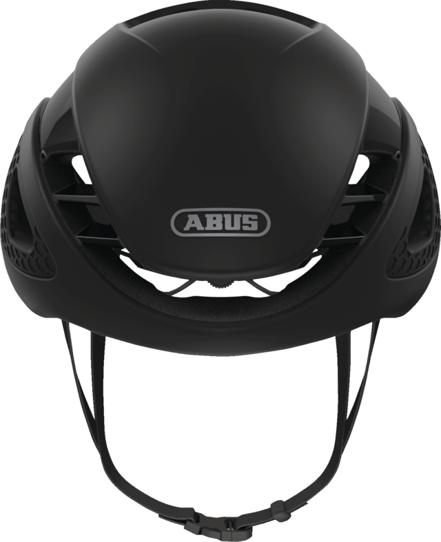 ABUS GameChanger Helmet in black shown from front with aerodynamic design and ventilation openings for racing performance