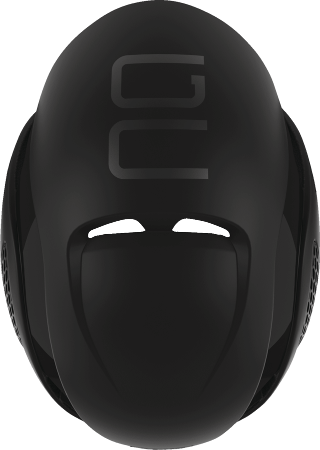 Top view of ABUS GameChanger Helmet in black with aerodynamic design and subtle logo for professional cycling performance