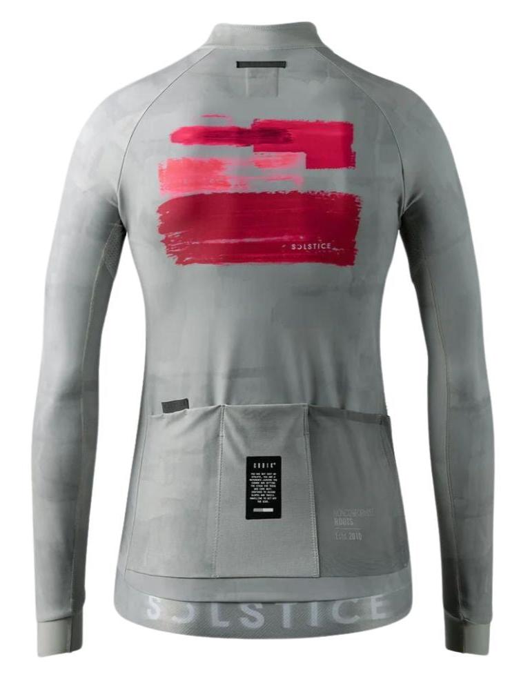 GOBIK Hyder Long Sleeve Jersey - Women's back view in gray with red brushstroke design and three rear pockets for storage