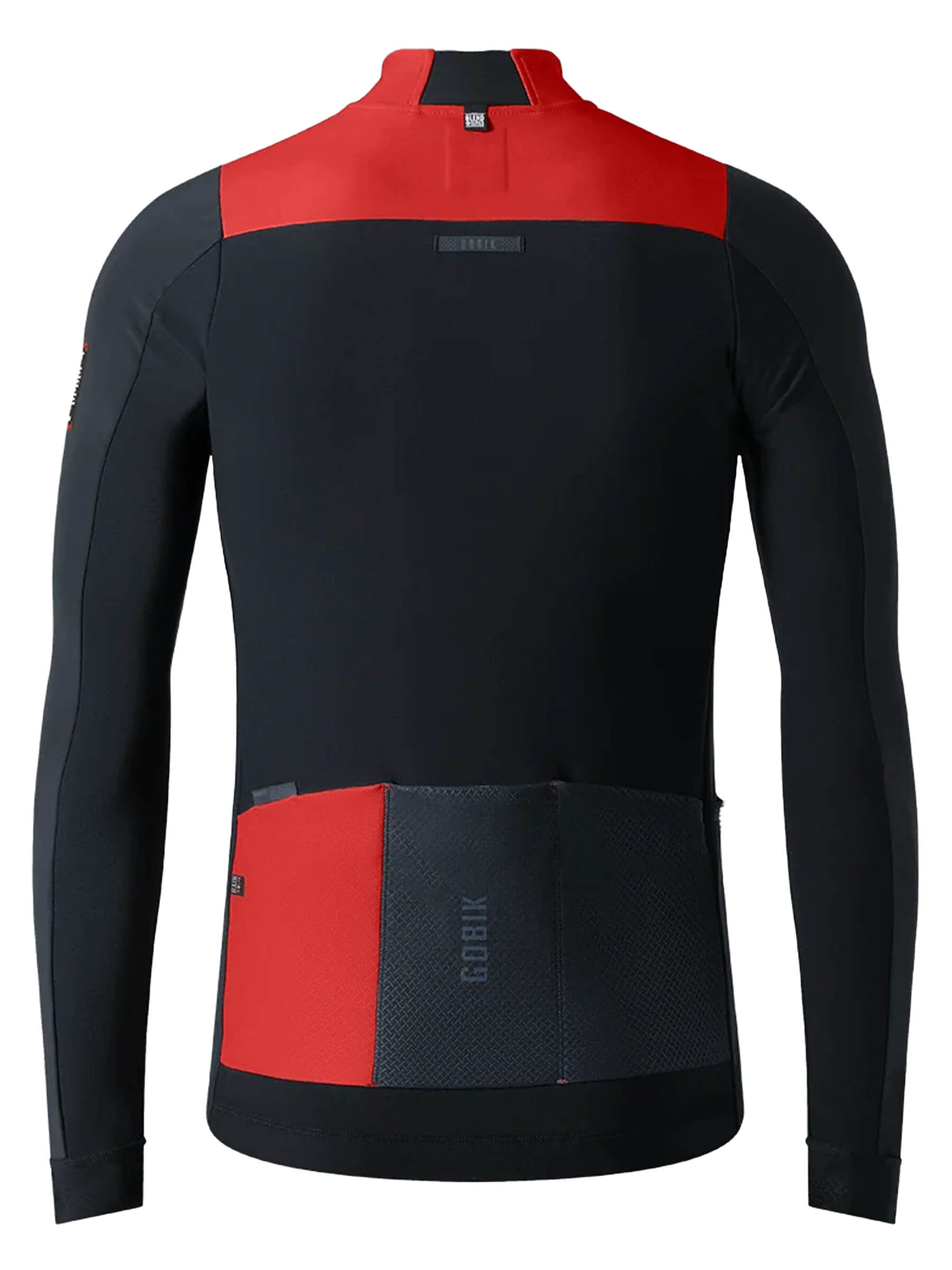 Back view of GOBIK Mist Blend 2.0 Jacket - Men's in black and red with rear pockets and streamlined fit for cycling performance