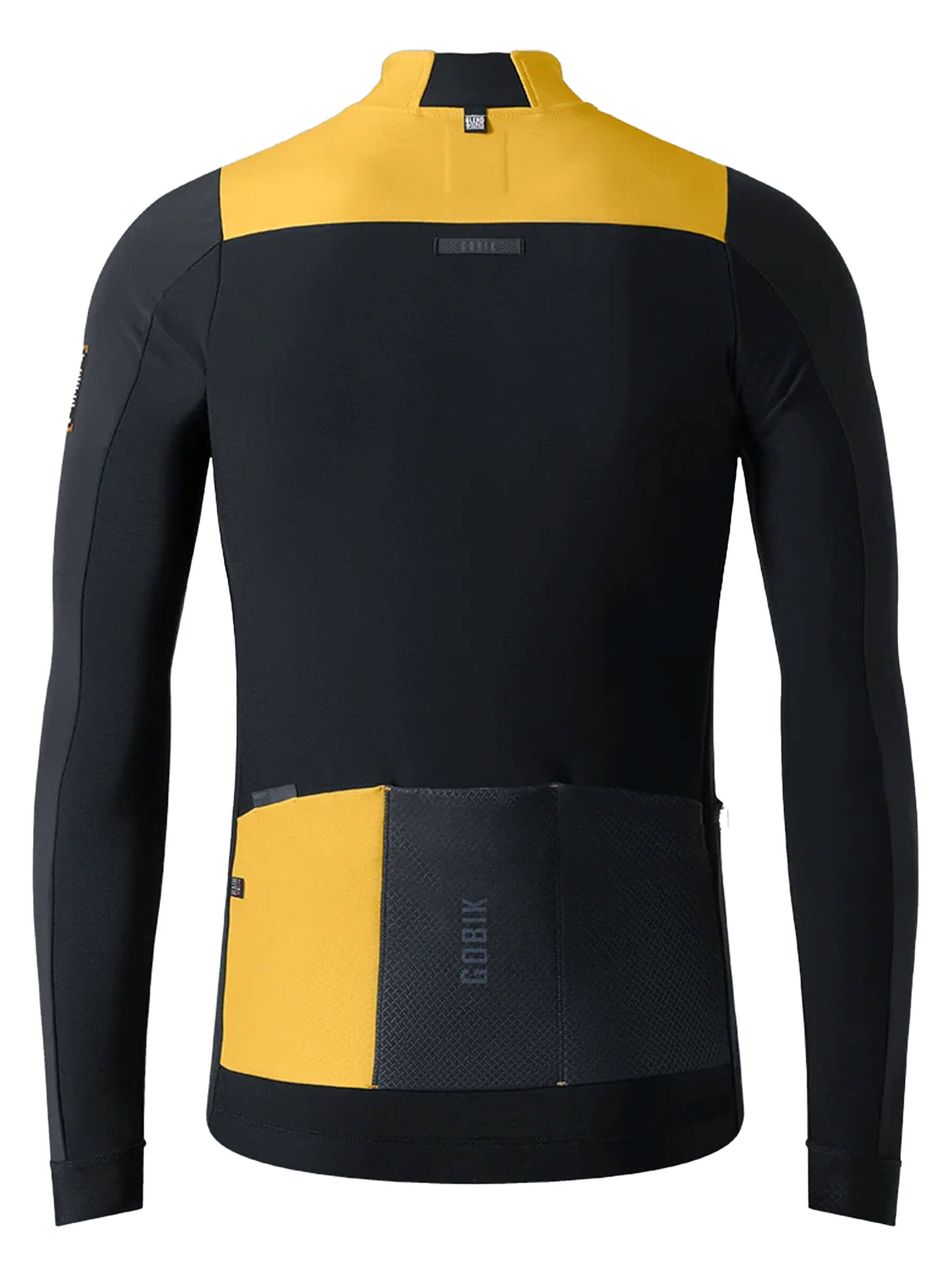 Back view of GOBIK Mist Blend 2.0 Jacket - Men's showing yellow panel and rear pockets with fitted design