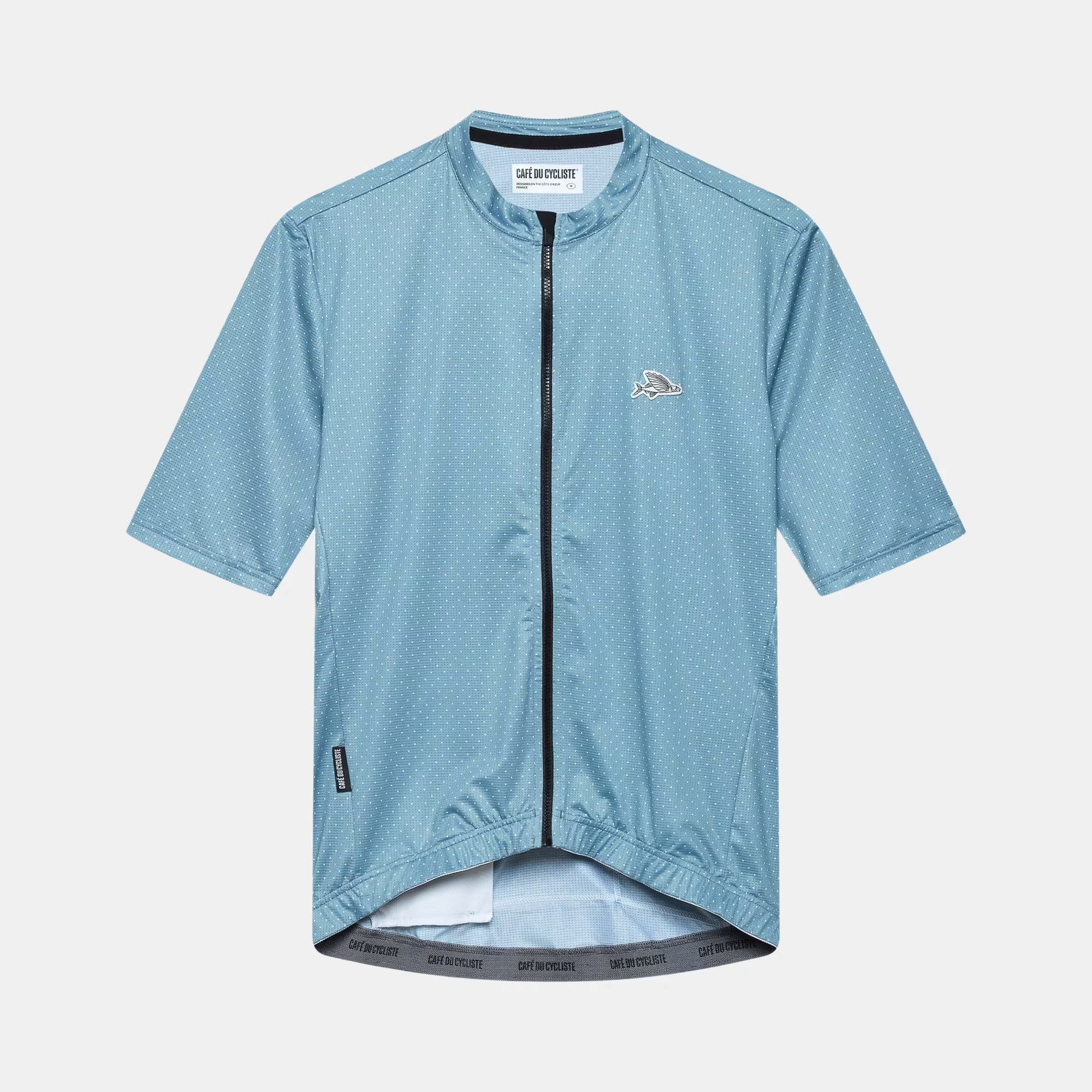 Cafe du Cycliste Fleurette Short Sleeve Jersey - Men's - Deep Water in light blue with subtle dot pattern and full front zipper