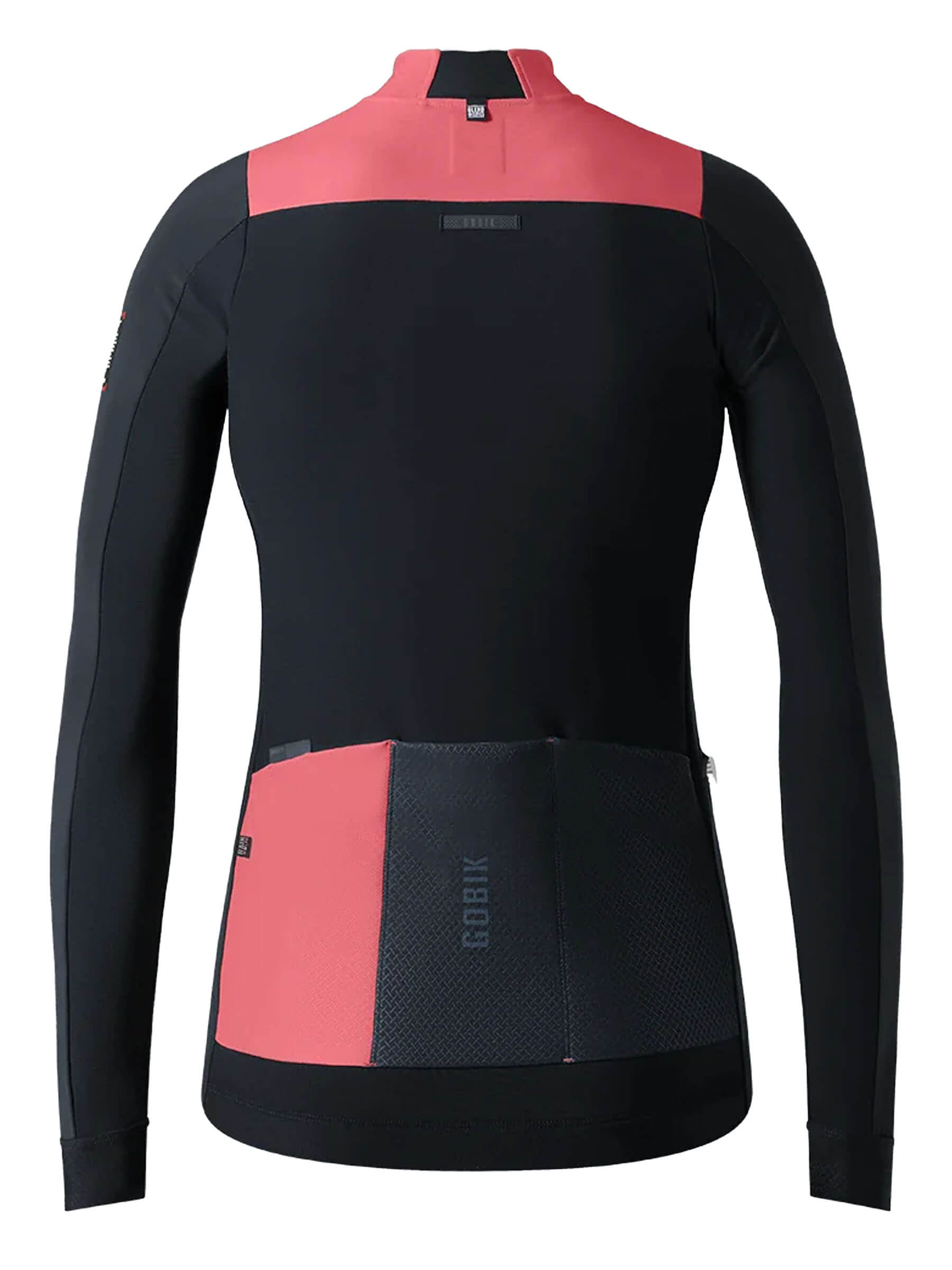 Back view of GOBIK Mist Blend 2.0 Jacket - Women's in black and pink with rear mesh pockets and long sleeves