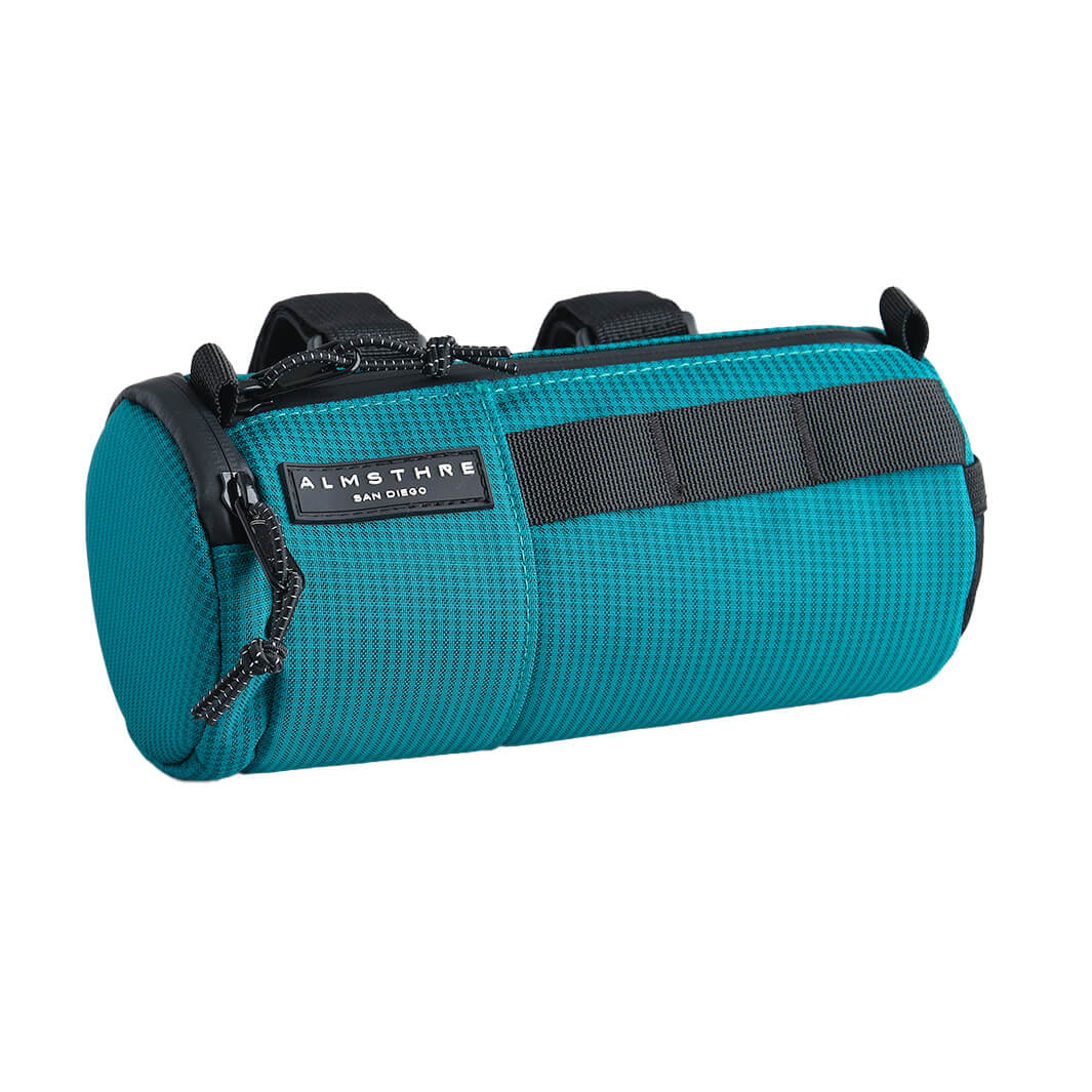 ALMSTHRE Compact Bar Bag in teal with durable fabric, zipper closure, and attachment straps for bike handlebars