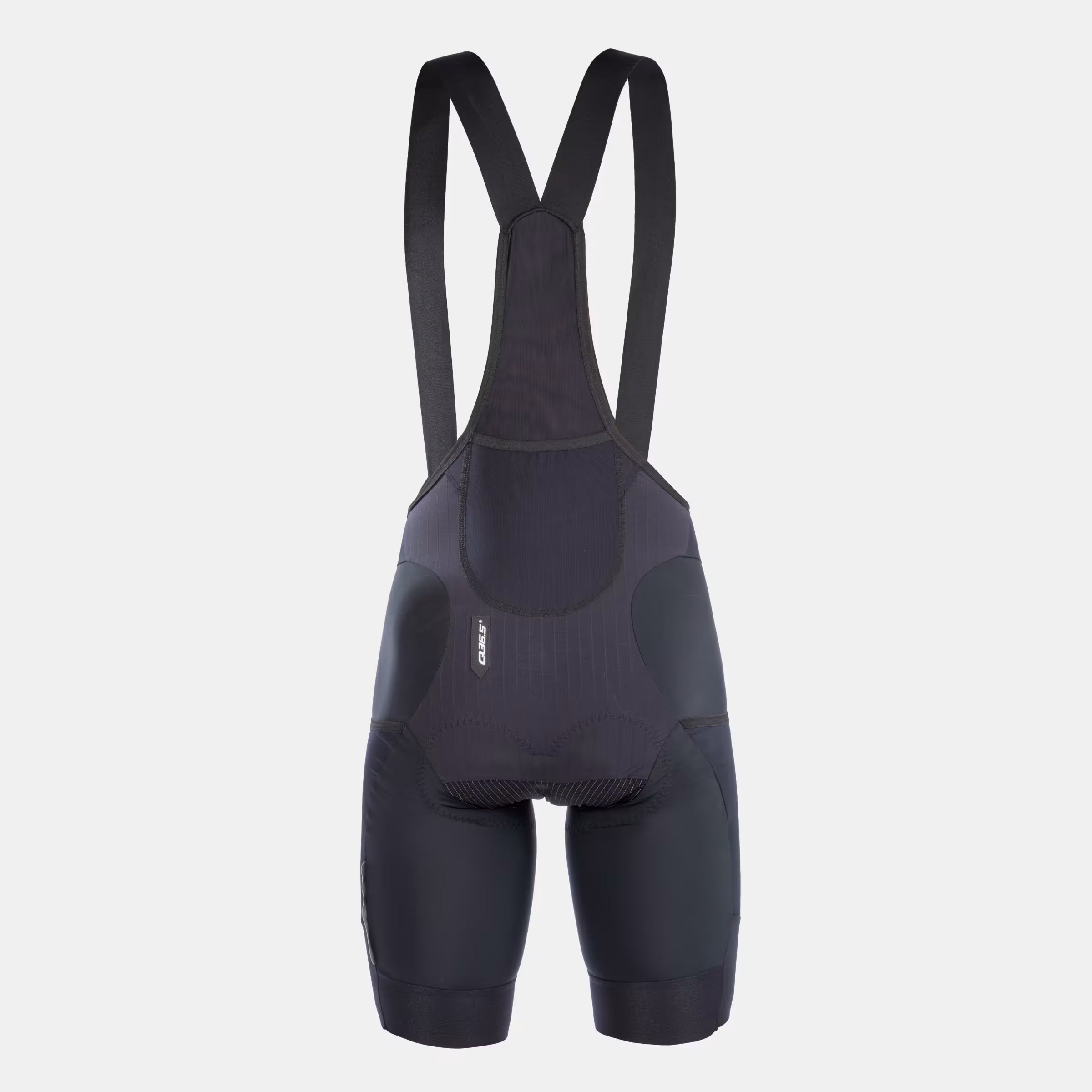Q36.5 Adventure Cargo Bib Shorts - Men's - Black showing front view with padded seat and adjustable straps for cycling comfort
