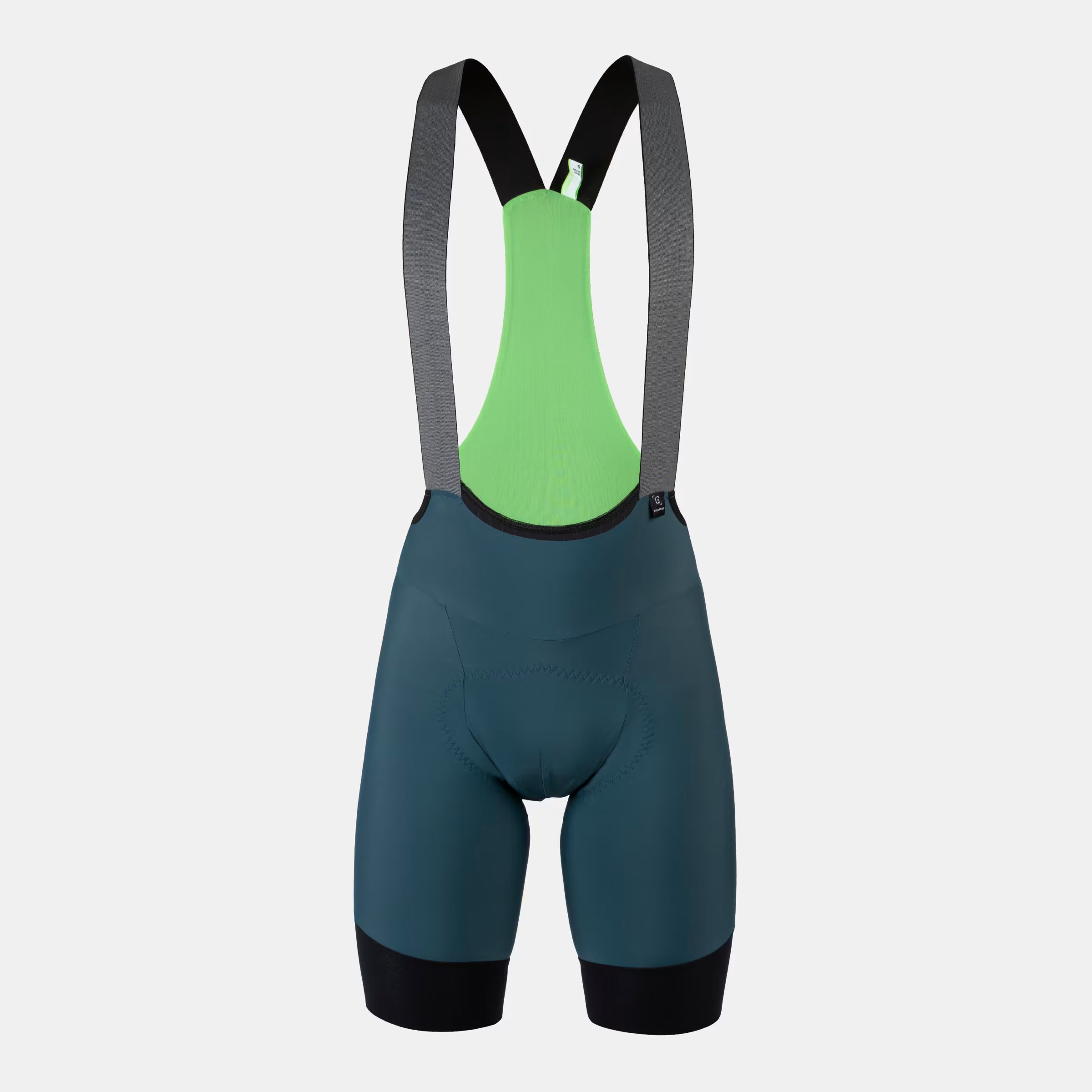 Q36.5 Gregarius Pro Bib Shorts Mod24 - Men's - Australian Green front view with breathable green mesh back and black leg cuffs