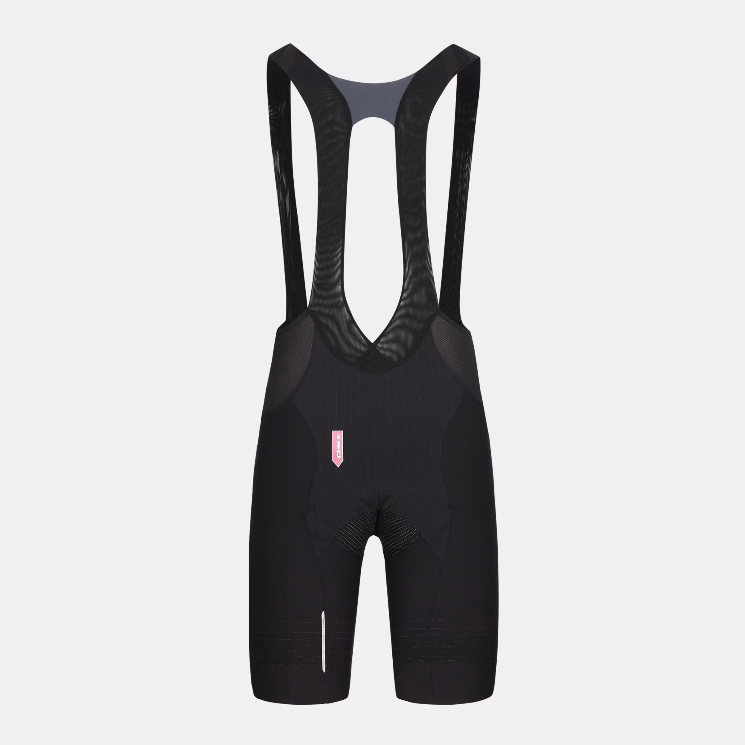 Q36.5 Dottore Clima Extra Long Leg Bib Shorts - Men's - Black showing extended leg length and breathable bib straps against gray background
