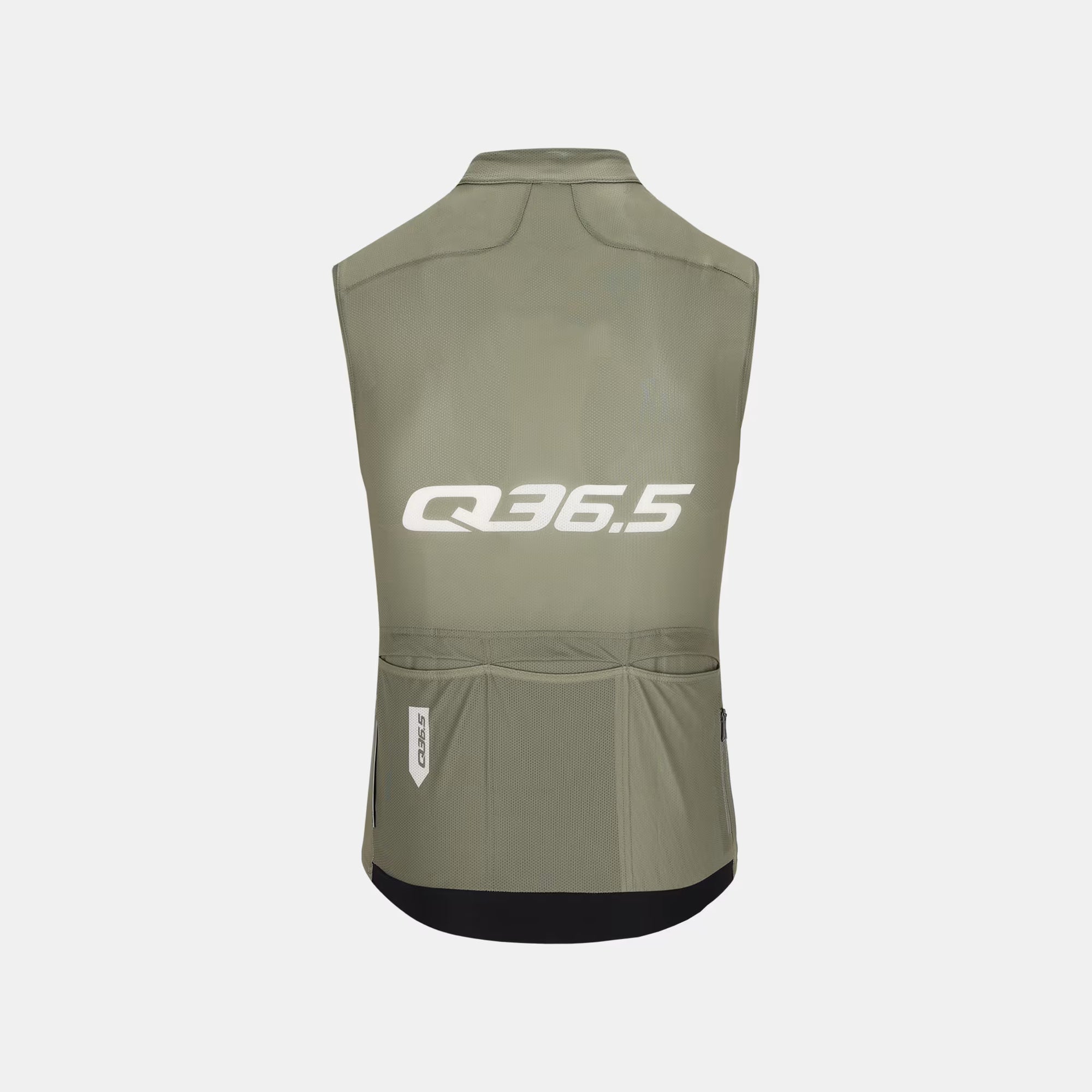 Back view of Q36.5 Gregarius Signature Sleeveless Jersey - Men's - Olive Green with large white logo and rear pockets