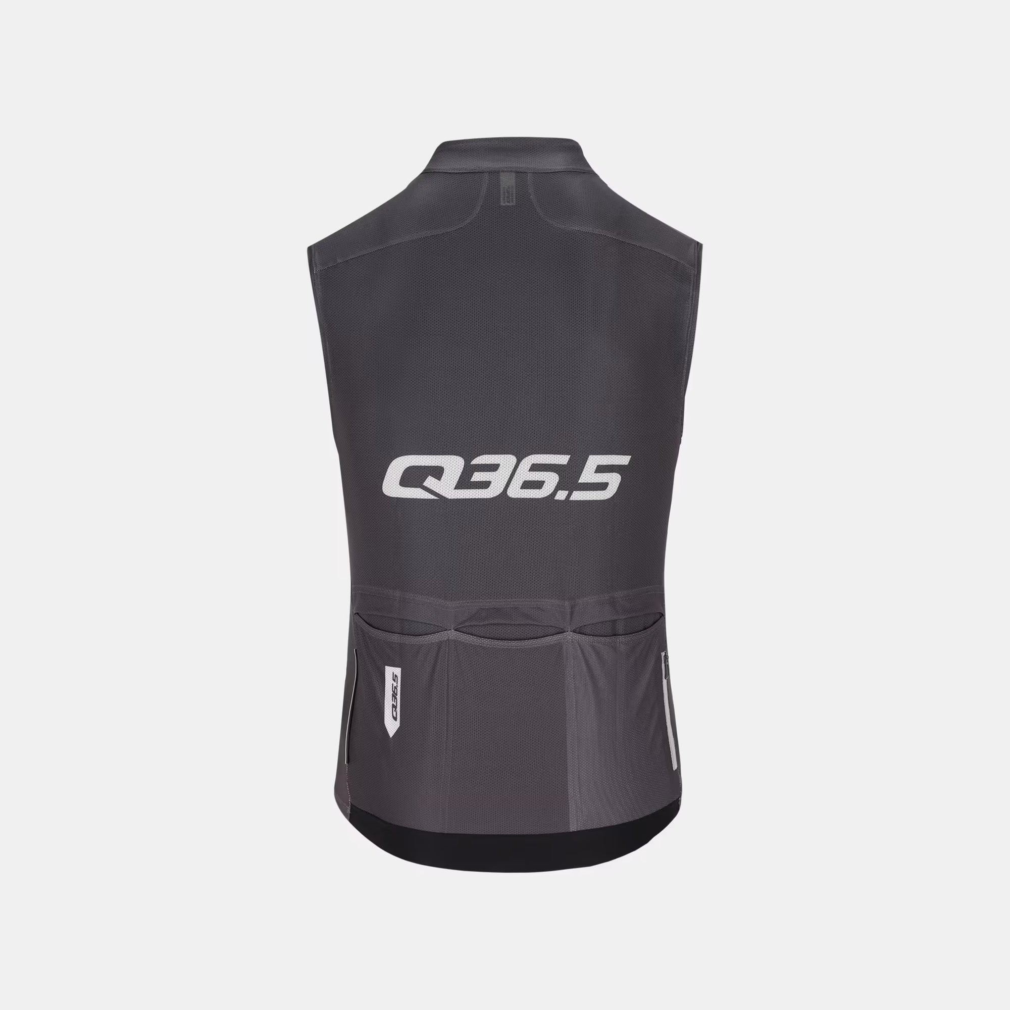 Back view of Q36.5 Gregarius Signature Sleeveless Jersey - Men's - Titanium Grey with logo and rear pockets shown