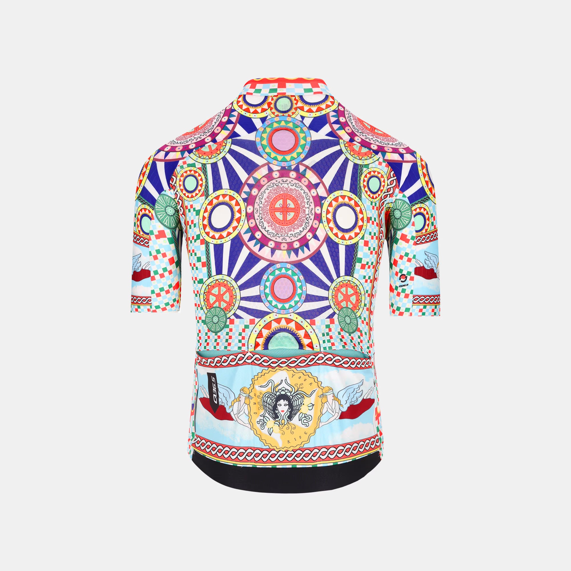 Back view of Q36.5 Gregarius Pro Pure Sicily Jersey - Men's - Pure Sicily with vibrant geometric and cultural patterns