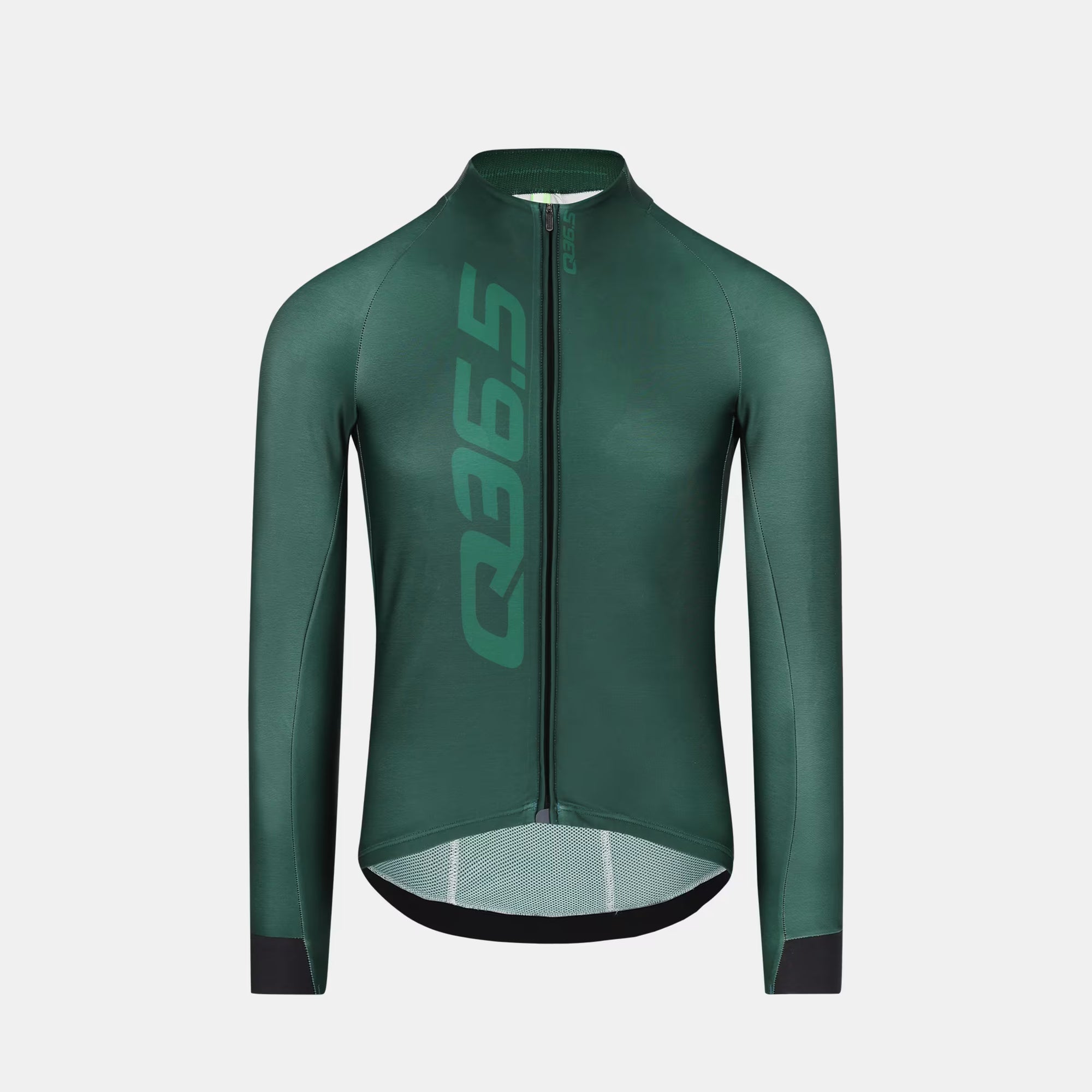 Q36.5 Gregarius Hybrid Signature Long Sleeve Jersey - Men's - Forest Green with full zip and fitted cycling cut against white background
