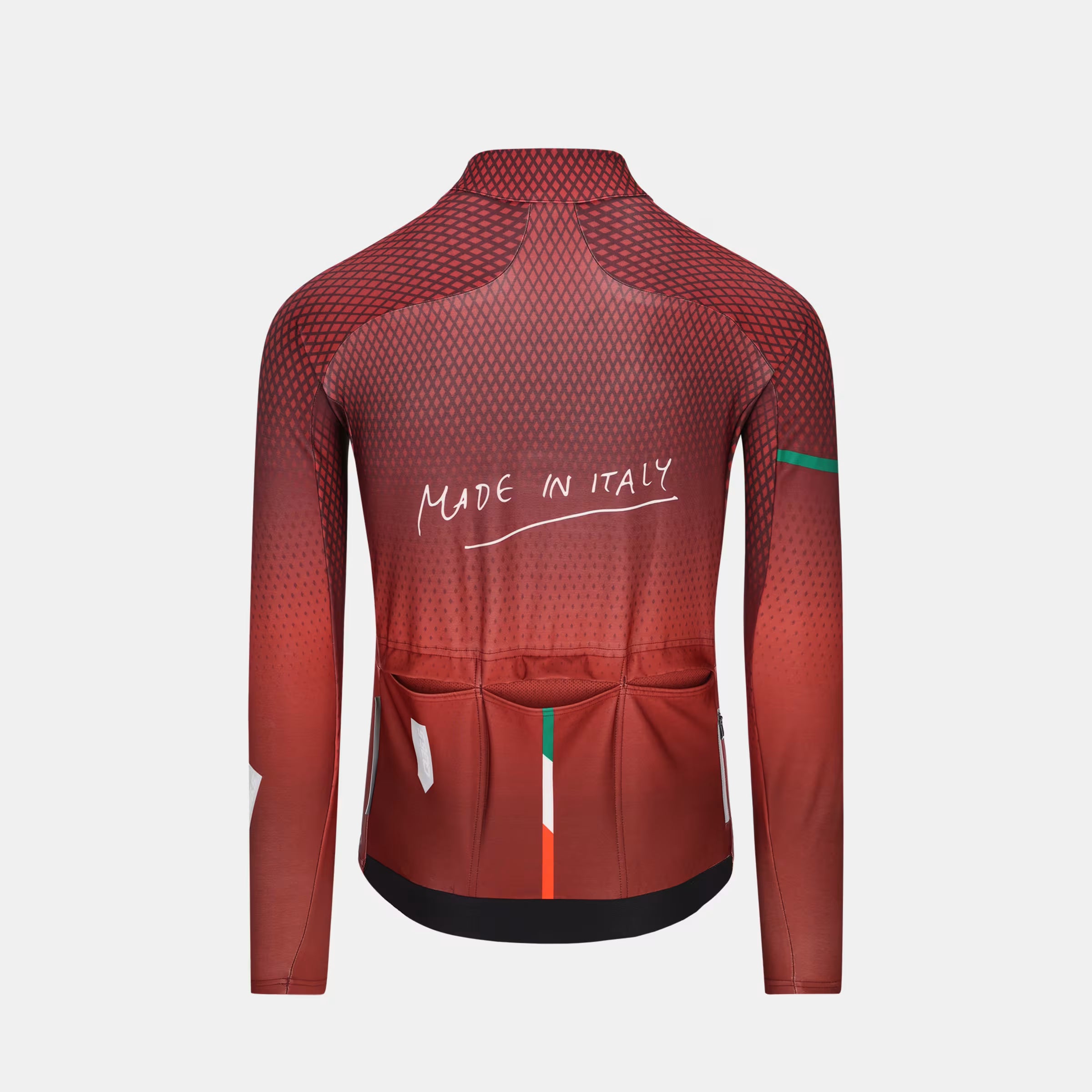 Back view of Q36.5 Gregarius Hybrid Made in Italy Long Sleeve Jersey - Men's - Siena Red with rear pockets and Italian flag detail