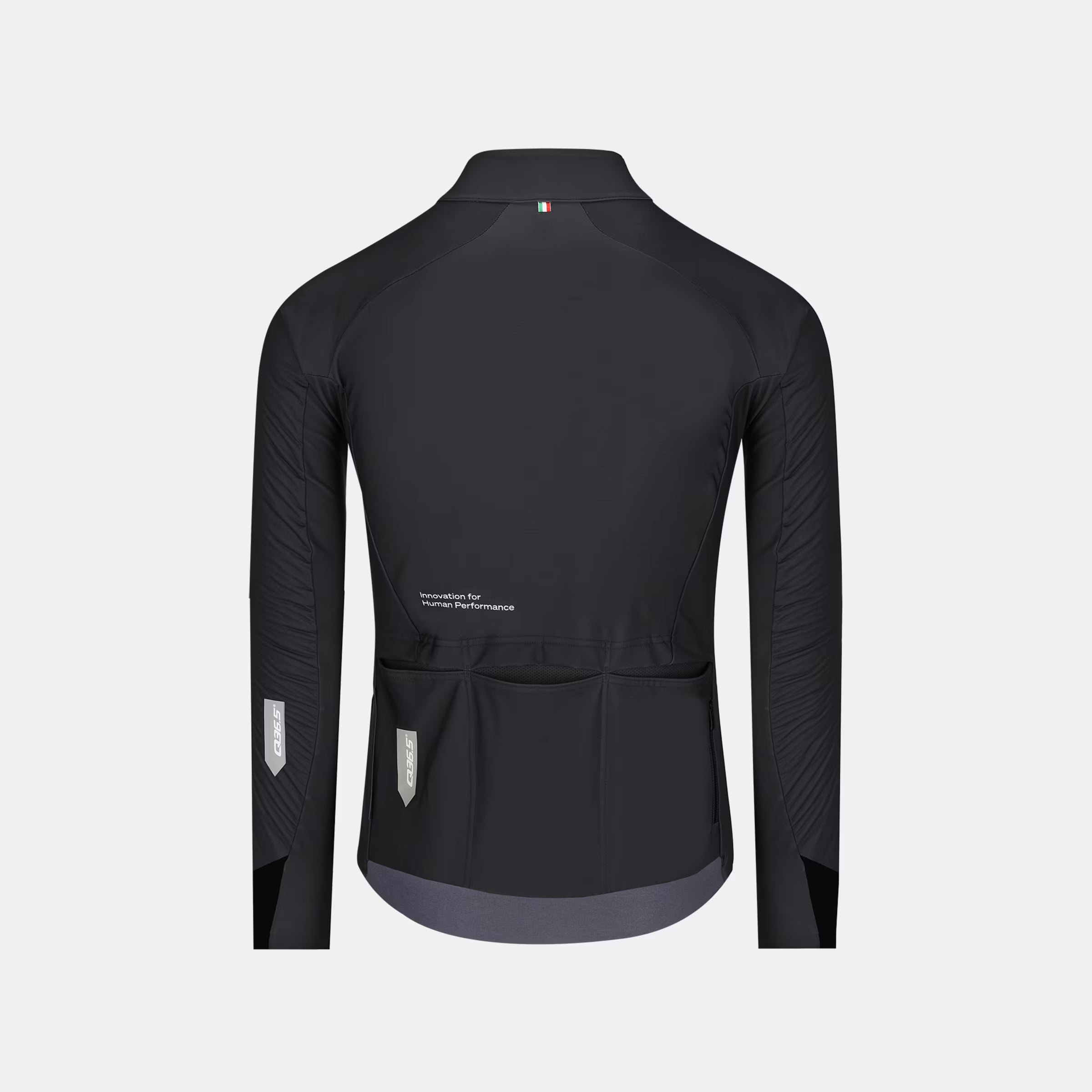 Back view of Q36.5 Gregarius Winter Jacket - Unisex - Black showing sleek design and rear pockets for cycling storage