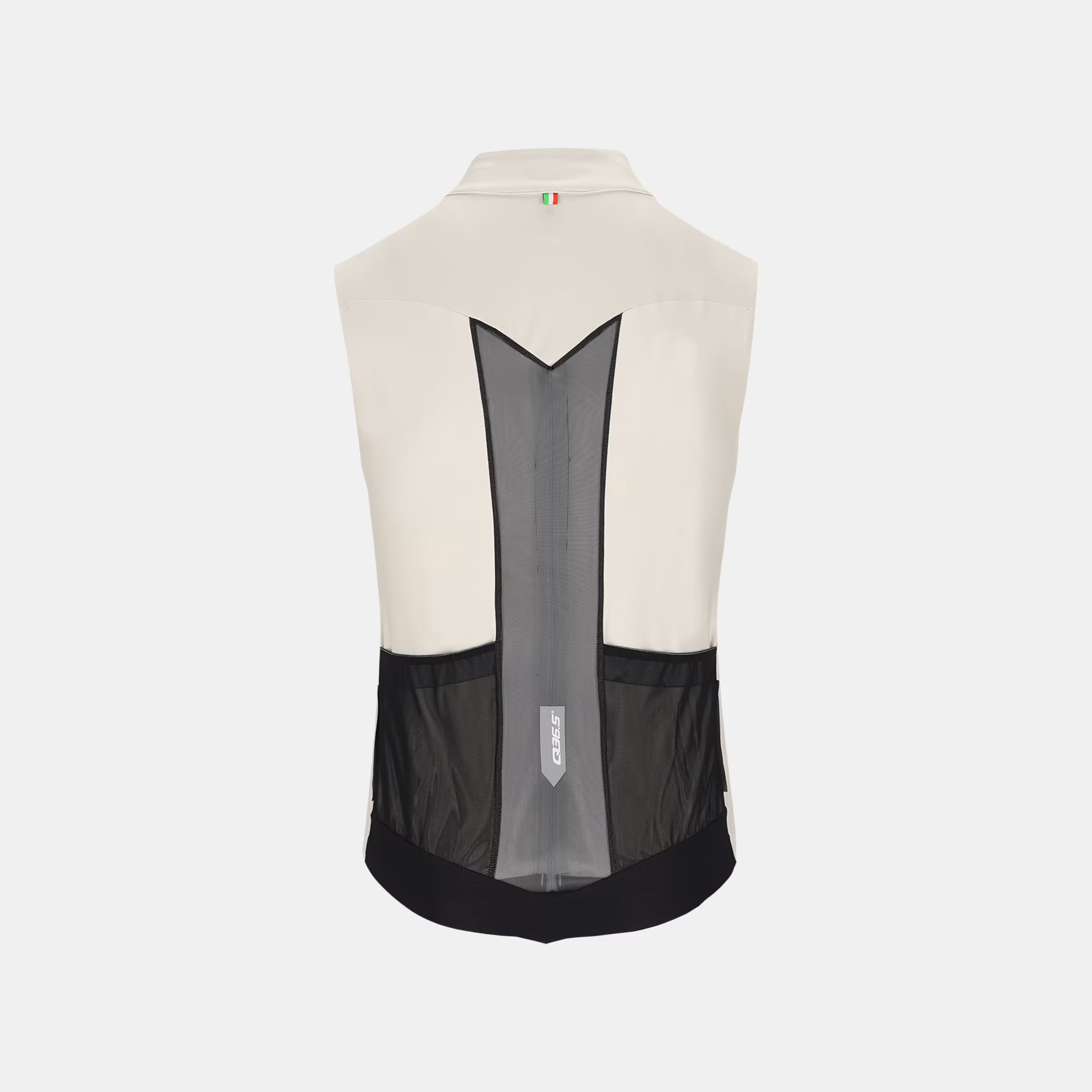 Back view of Q36.5 Gregarius Hybrid Vest - Unisex - Silver Grey showing mesh ventilation panels and tailored fit