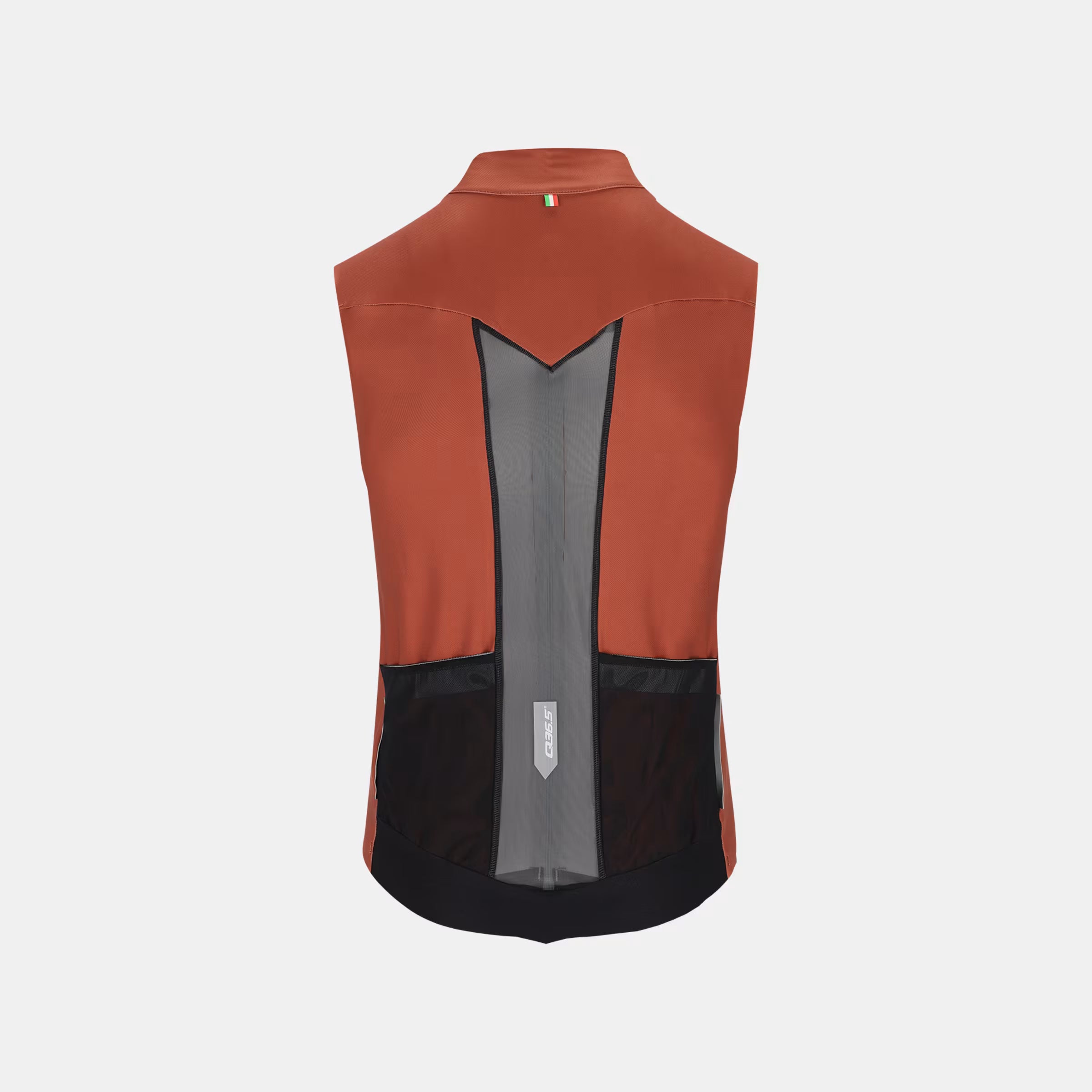Back view of Q36.5 Gregarius Hybrid Vest - Unisex - Brick Red with mesh panel and reflective strip for ventilation and safety