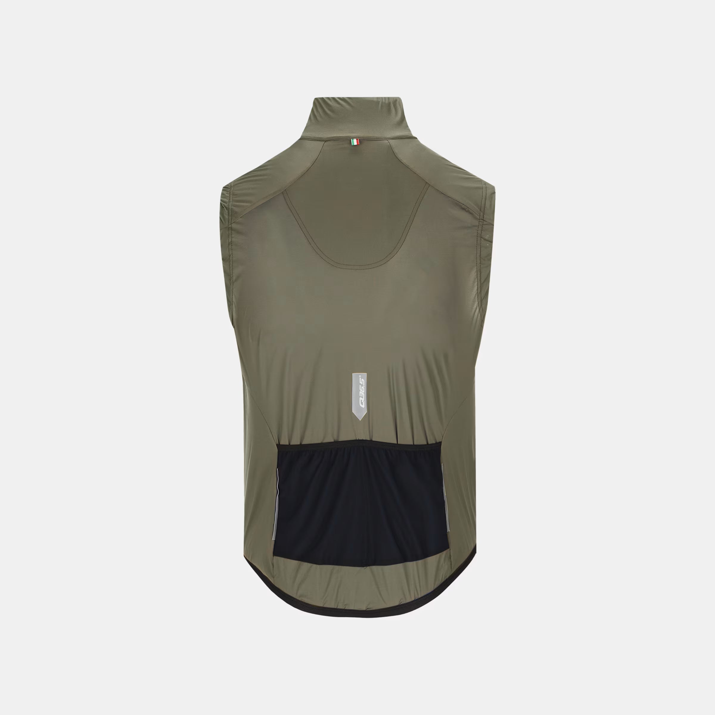 Back view of Q36.5 Adventure Vest - Men's - Olive Green with high collar and black rear pocket panel for storage