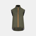 Q36.5 Adventure Vest - Women's - Olive Green front view with high collar and orange zipper detail on sleeveless cycling vest