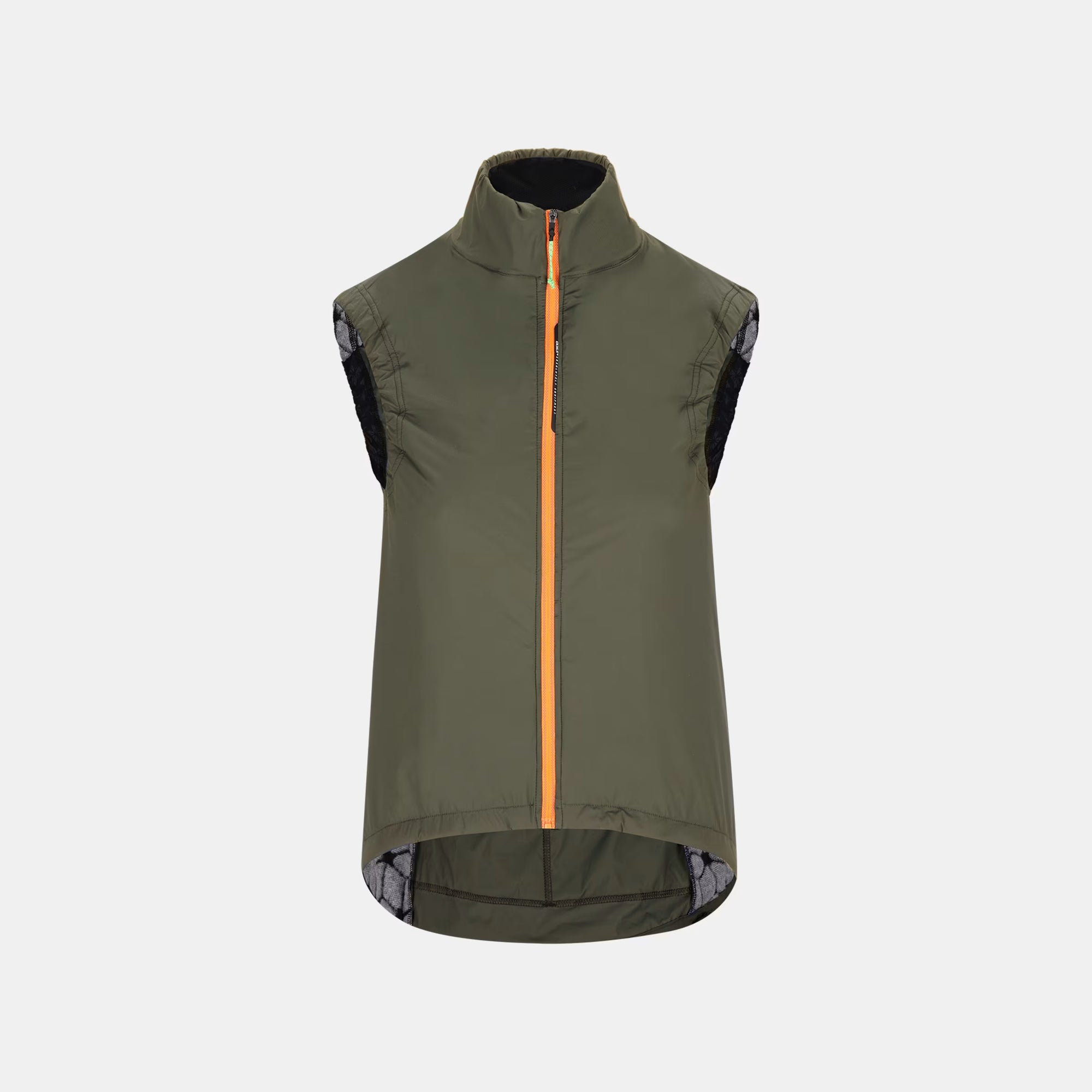 Q36.5 Adventure Vest - Women's - Olive Green front view with high collar and orange zipper detail on sleeveless cycling vest