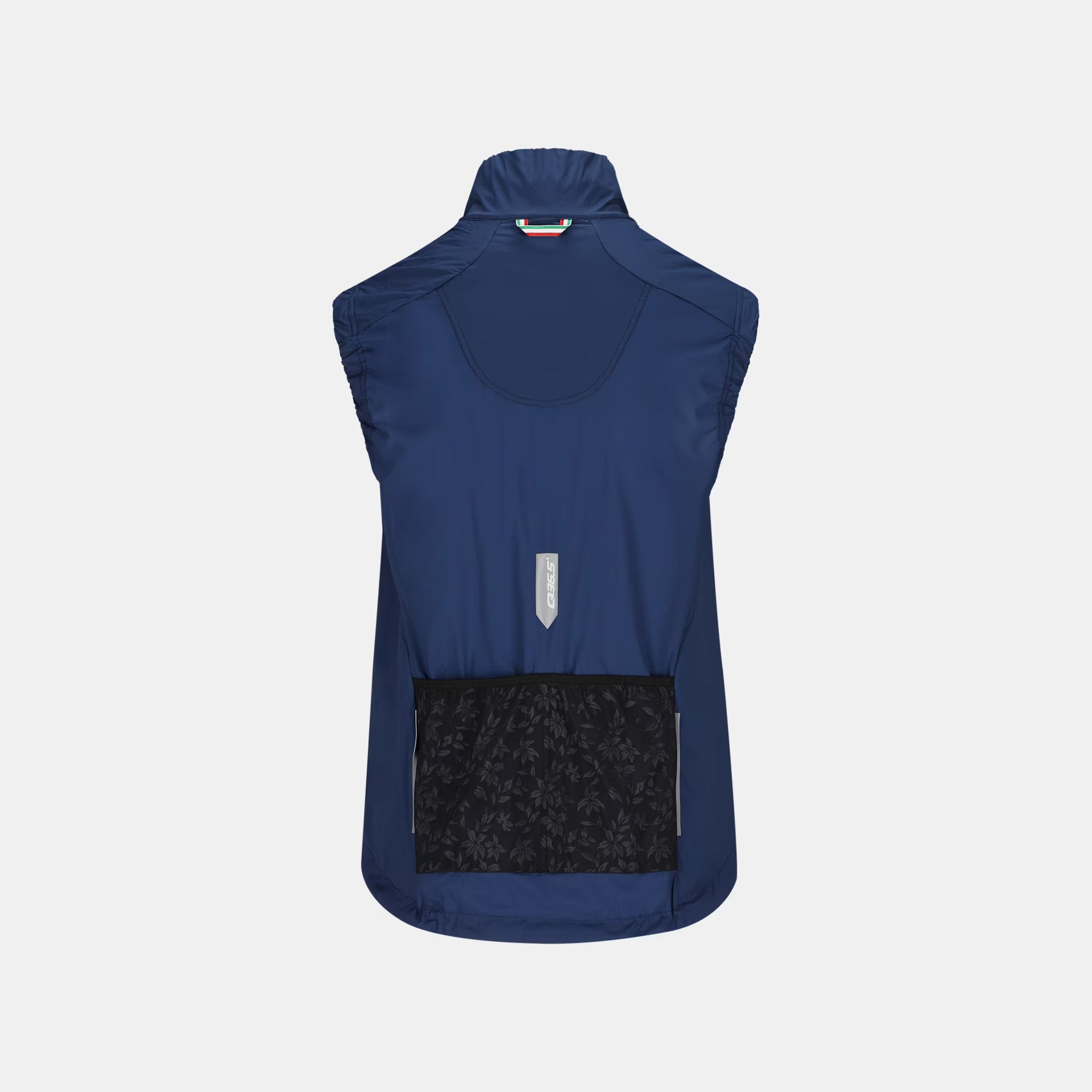 Back view of Q36.5 Adventure Vest - Women's - Navy Blue showing reflective detail and black rear pocket panel