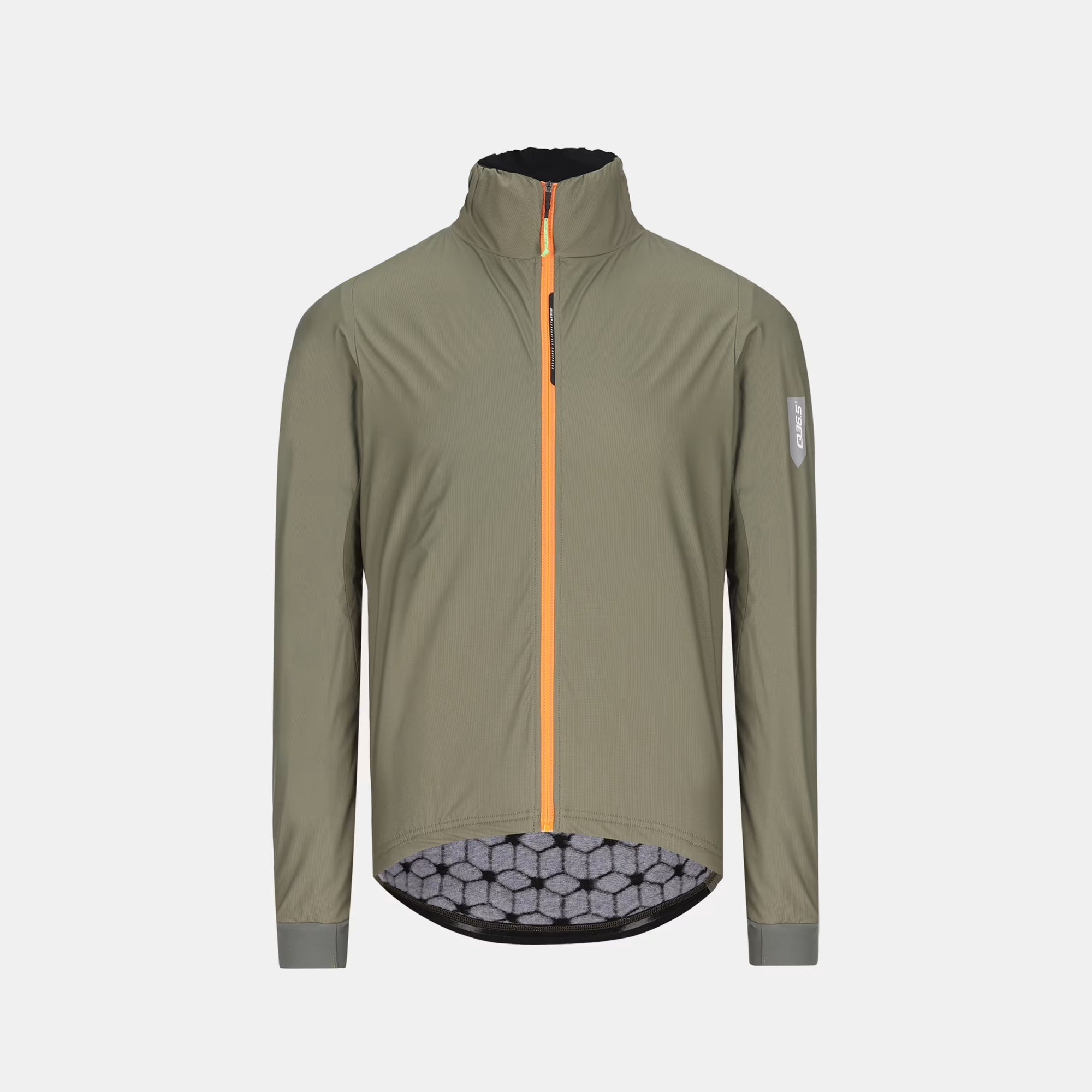 Q36.5 Adventure Winter Jacket - Men's - Olive Green with high collar and front orange zipper detail on white background