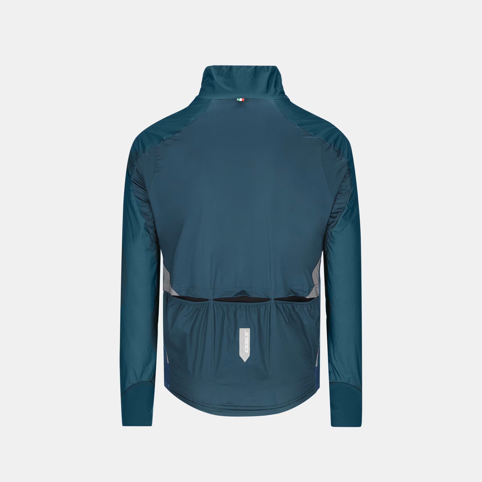 Back view of Q36.5 Adventure Winter Jacket - Men's - Australian Green showing zipped rear pockets and high collar design