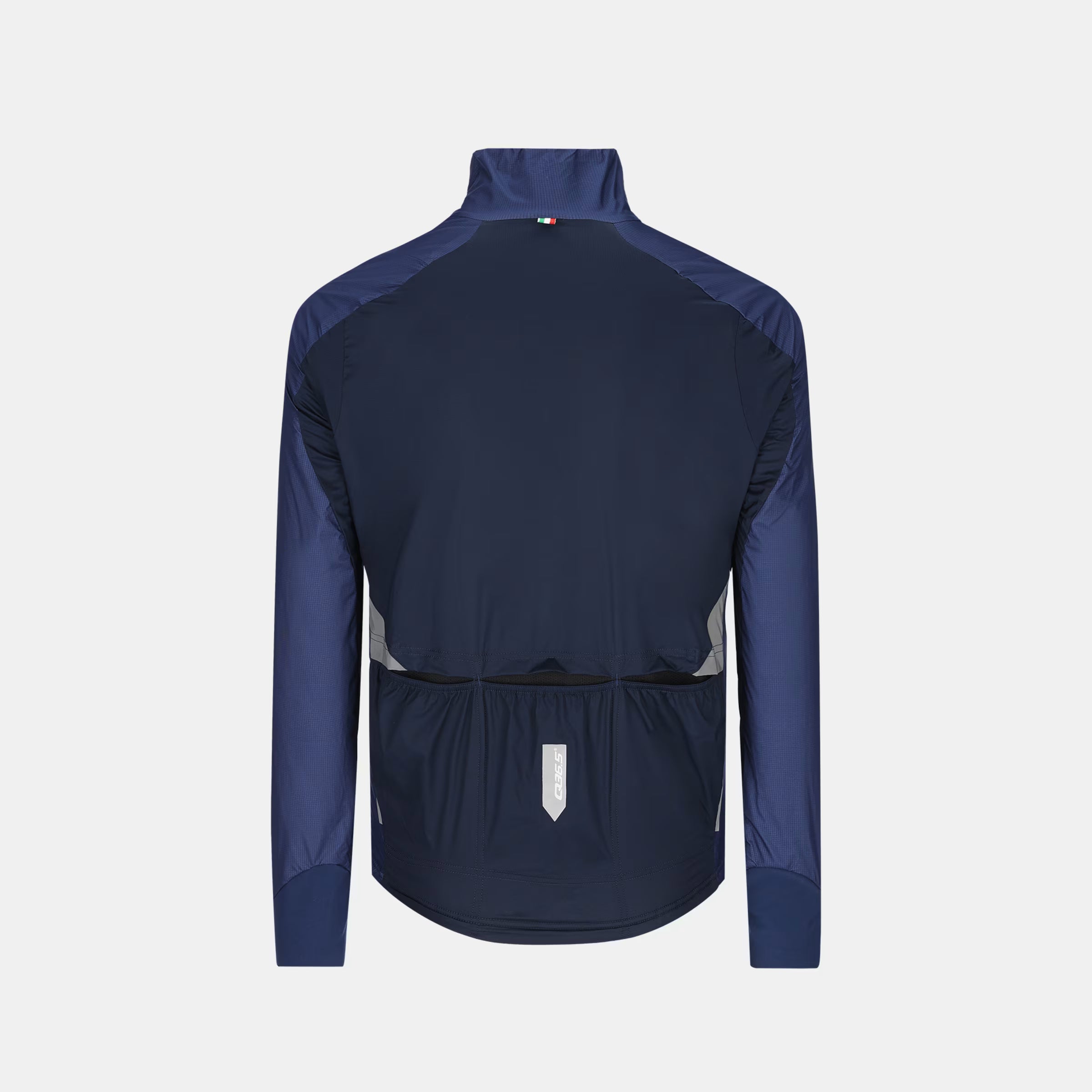 Back view of Q36.5 Adventure Winter Jacket - Men's - Navy Blue showing pockets and high collar design