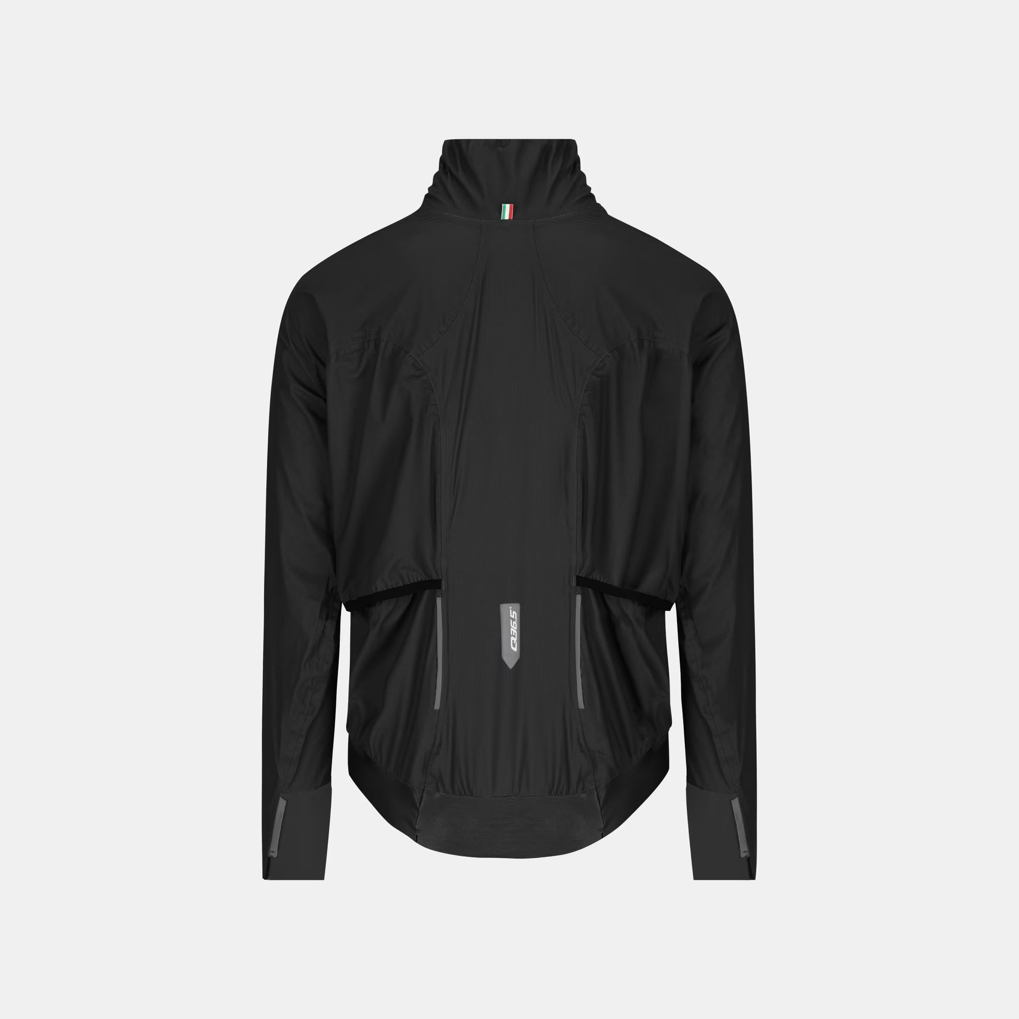 Q36.5 Rain Shell Jacket - Unisex - Black shown front view with high collar and long sleeves against light background