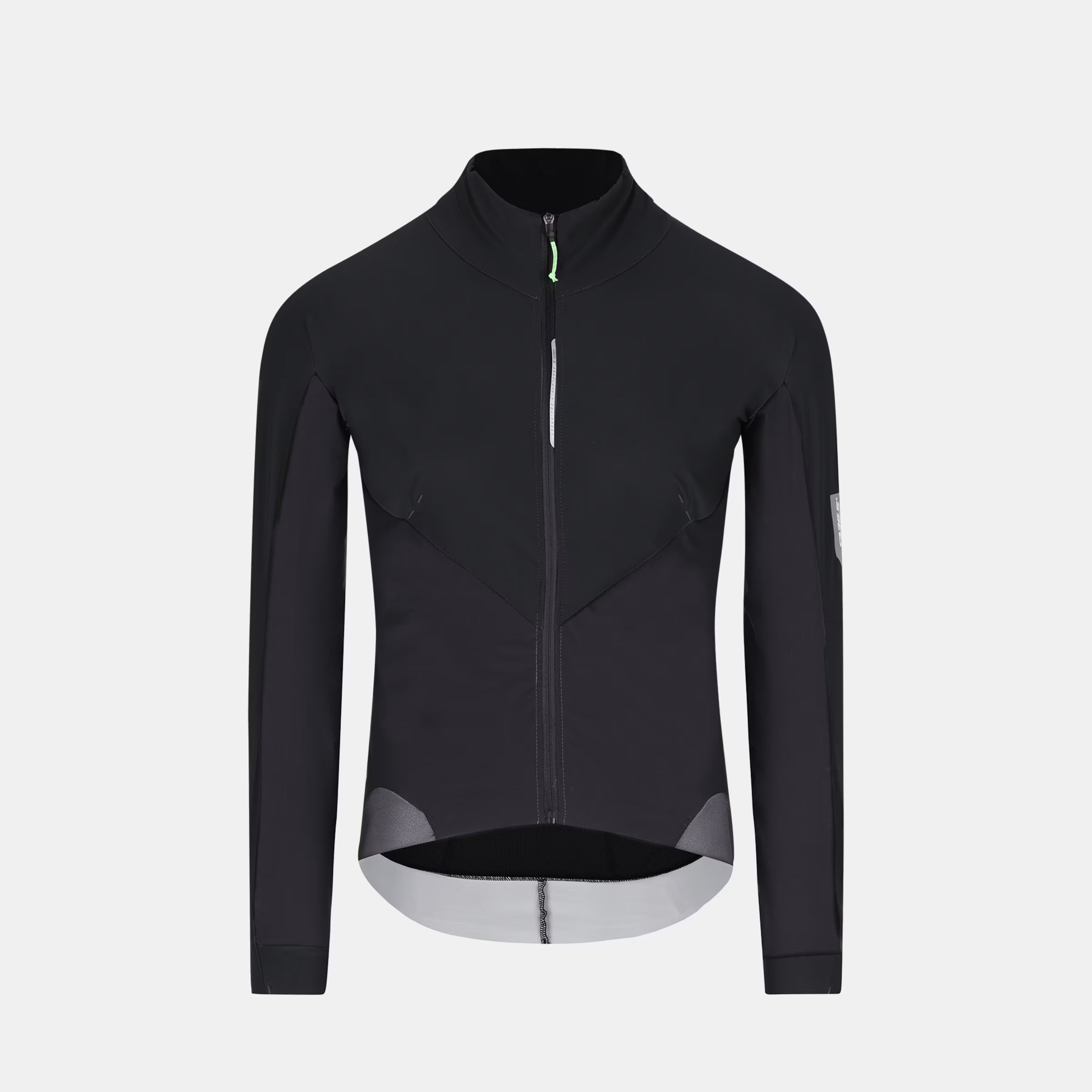 Q36.5 Bat Shell Long Sleeves Jersey - Unisex - Black front view with full zip and reflective details on sleeves and hem