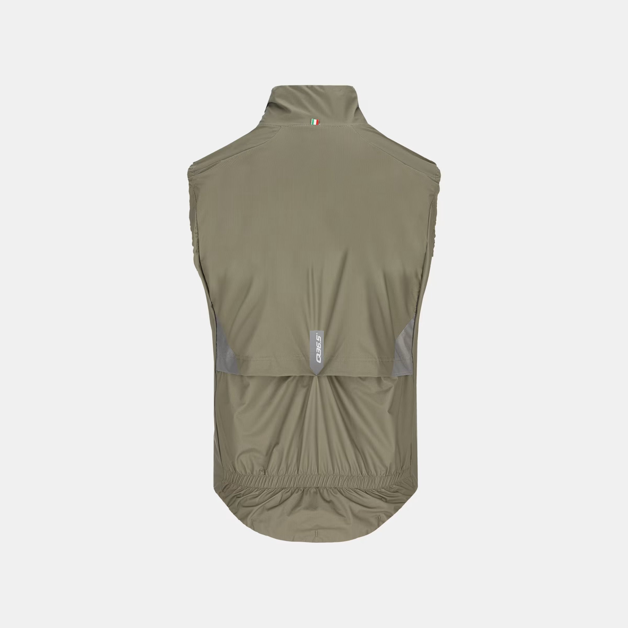 Back view of Q36.5 Rain Shell Vest - Unisex - Olive Green with reflective details and elastic hem for secure fit