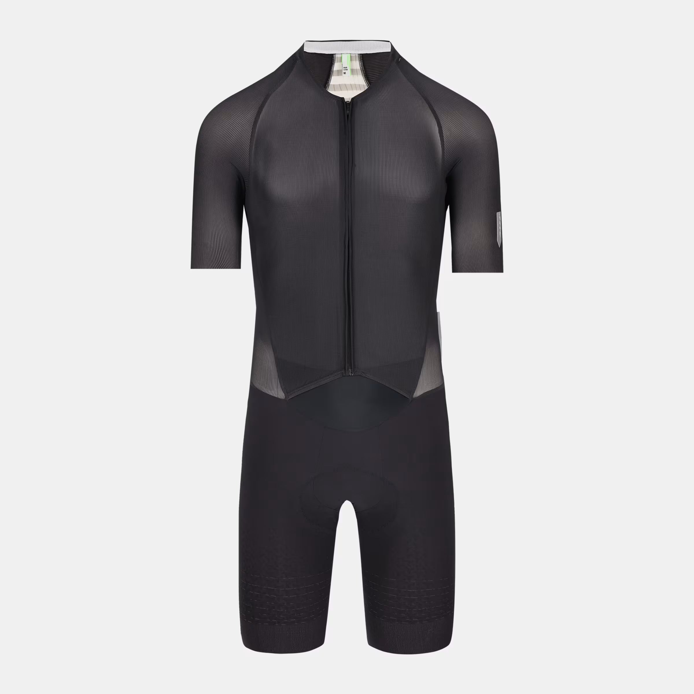 Q36.5 Dottore Clima Road Skinsuit - Black front view showing full zip and aerodynamic fit with short sleeves and integrated shorts